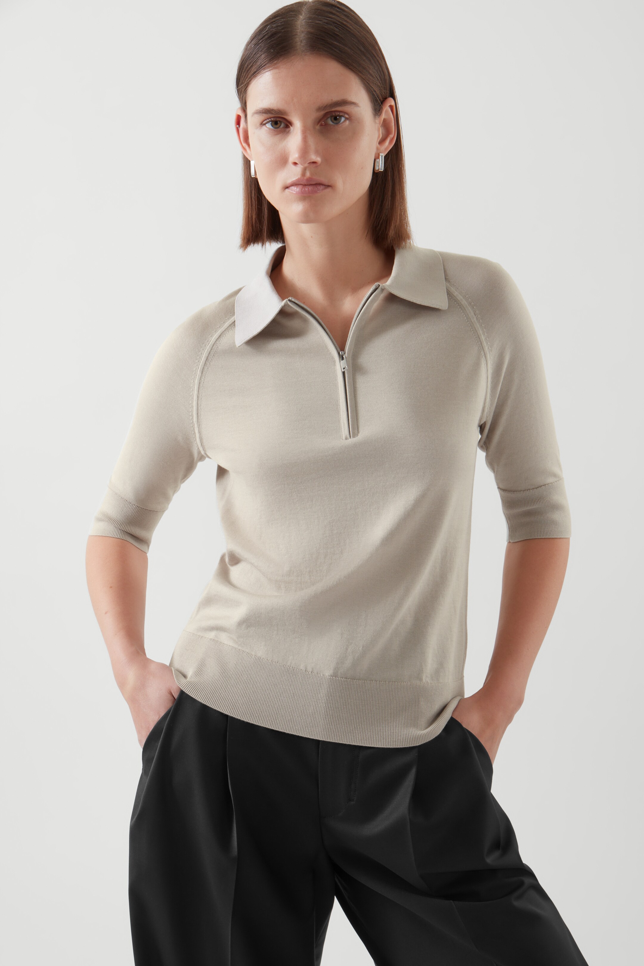 Front image of cos KNITTED SILK POLO SHIRT in BEIGE