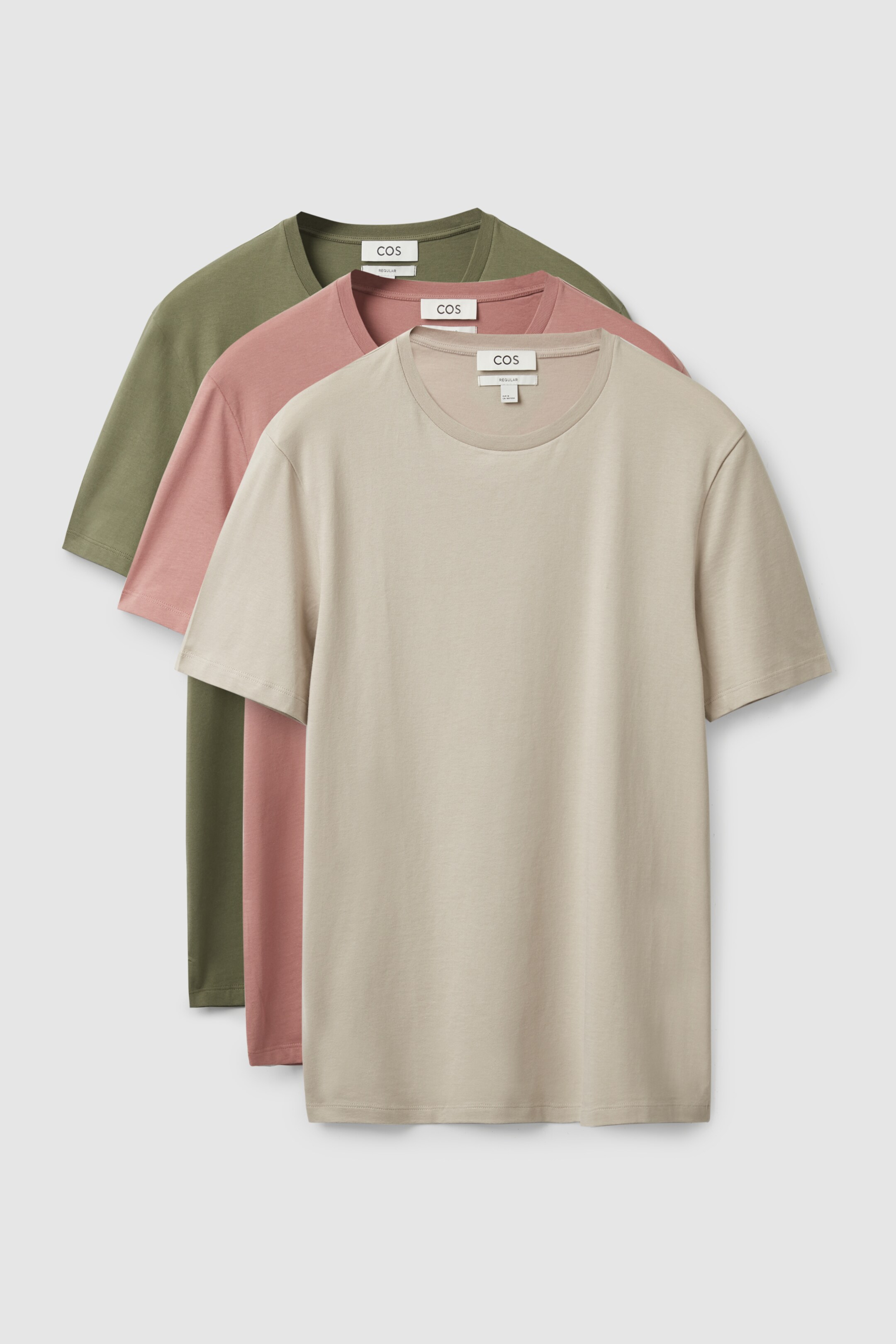 Front image of cos 3-PACK REGULAR-FIT LIGHTWEIGHT T-SHIRTS in KHAKI / ECRU / PINK