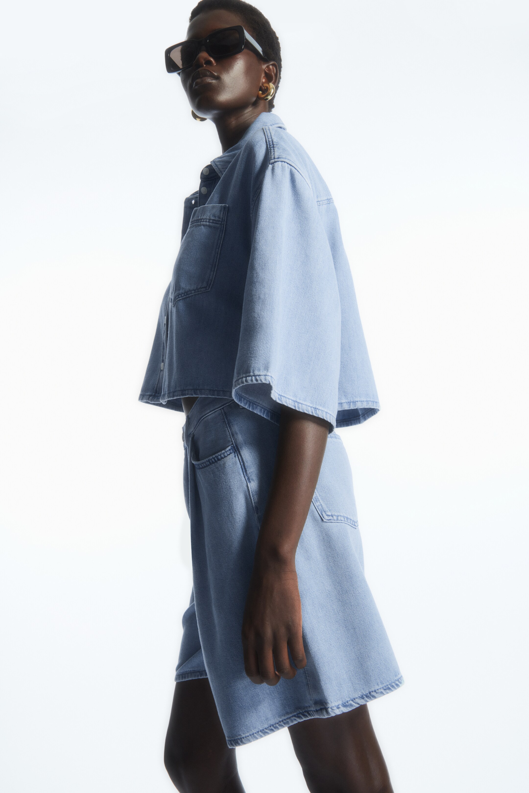 Pleated a-line denim shorts - LIGHT BLUE - women | COS AU