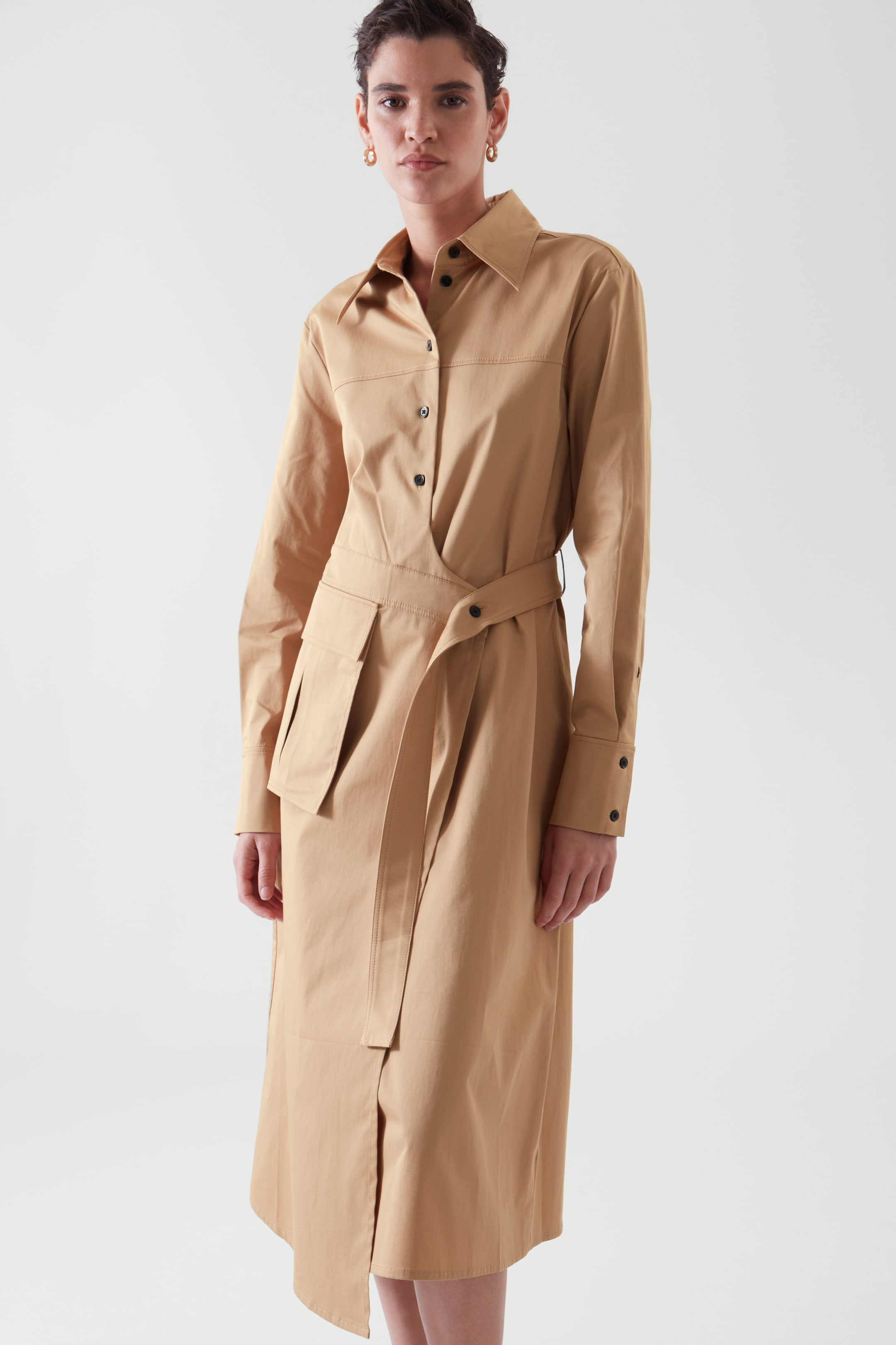 Front image of cos BELTED SHIRT DRESS in Beige