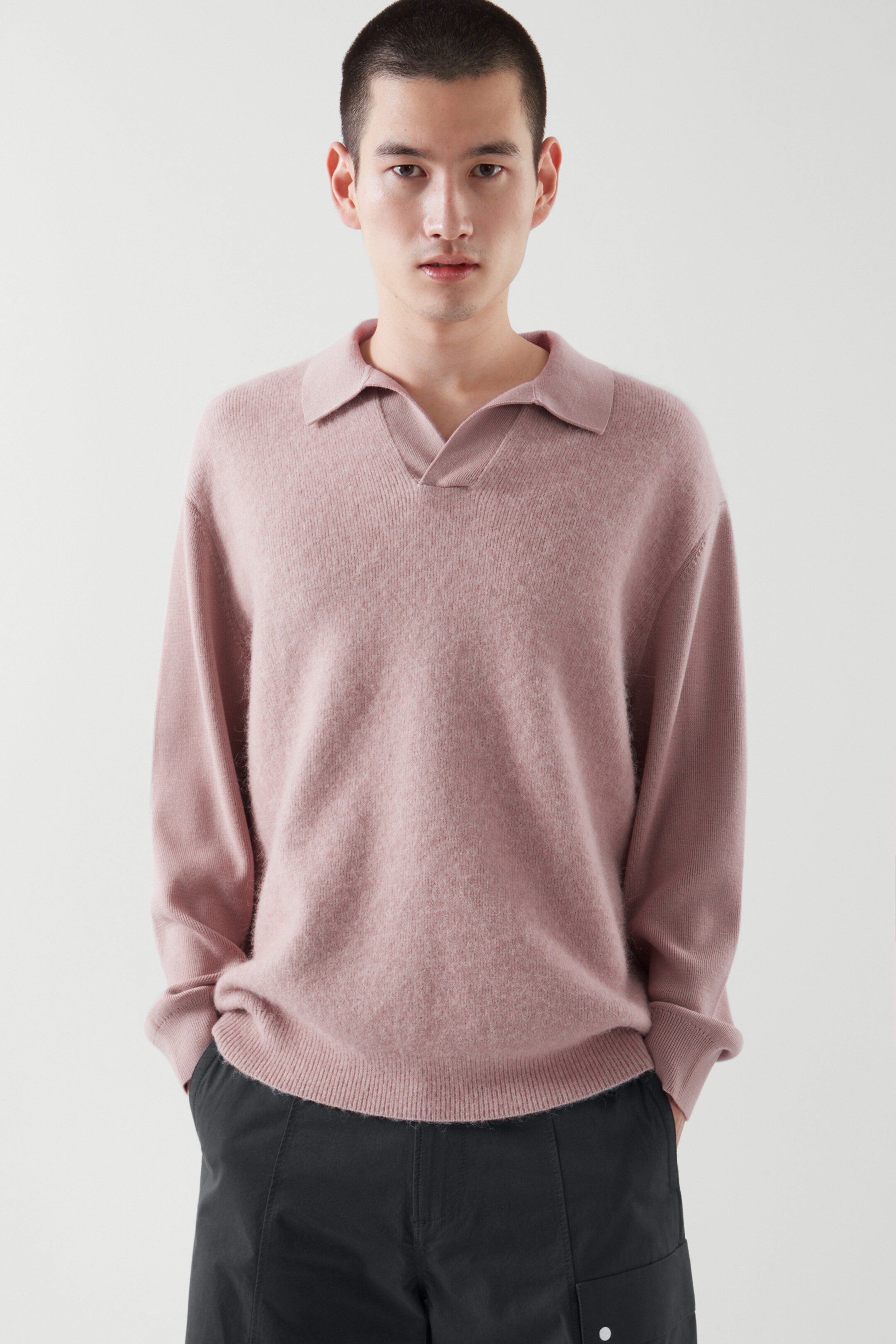 Top image of cos OPEN COLLAR LONG-SLEEVE POLO SHIRT in DUSTY PINK