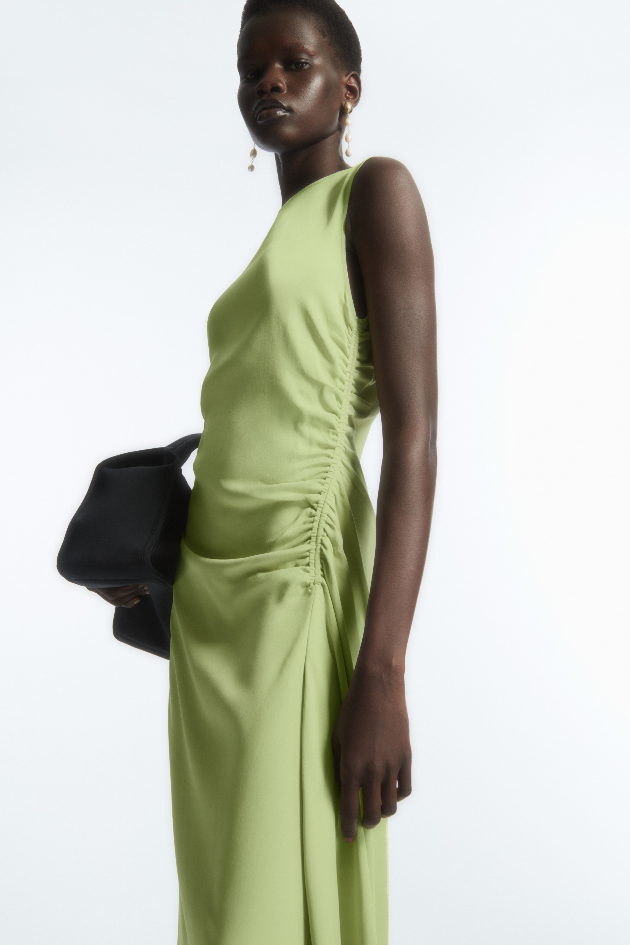 Asymmetric gathered satin midi dress - GREEN - women | COS AU