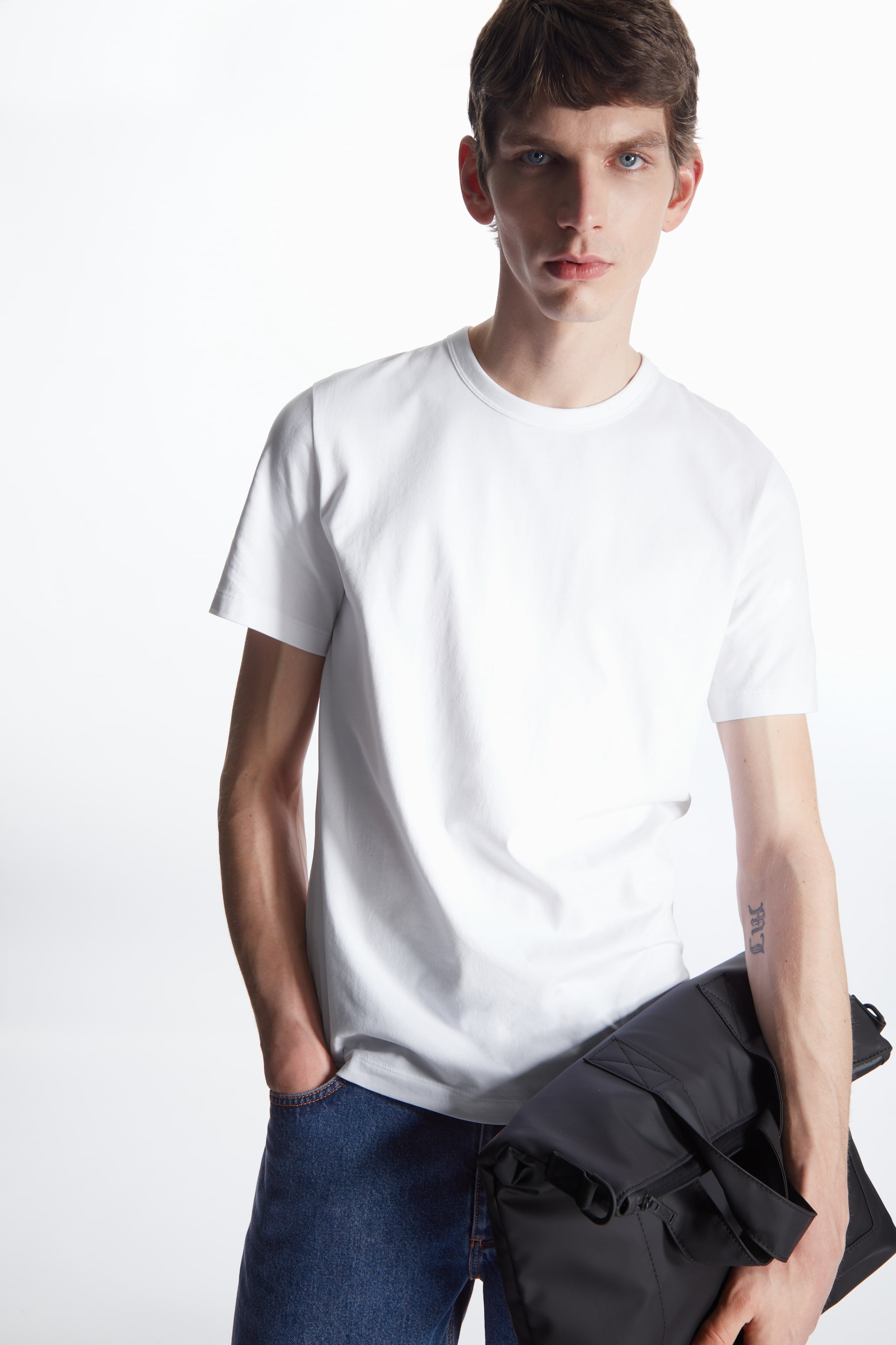 Front image of cos REGULAR-FIT BRUSHED COTTON T-SHIRT in WHITE