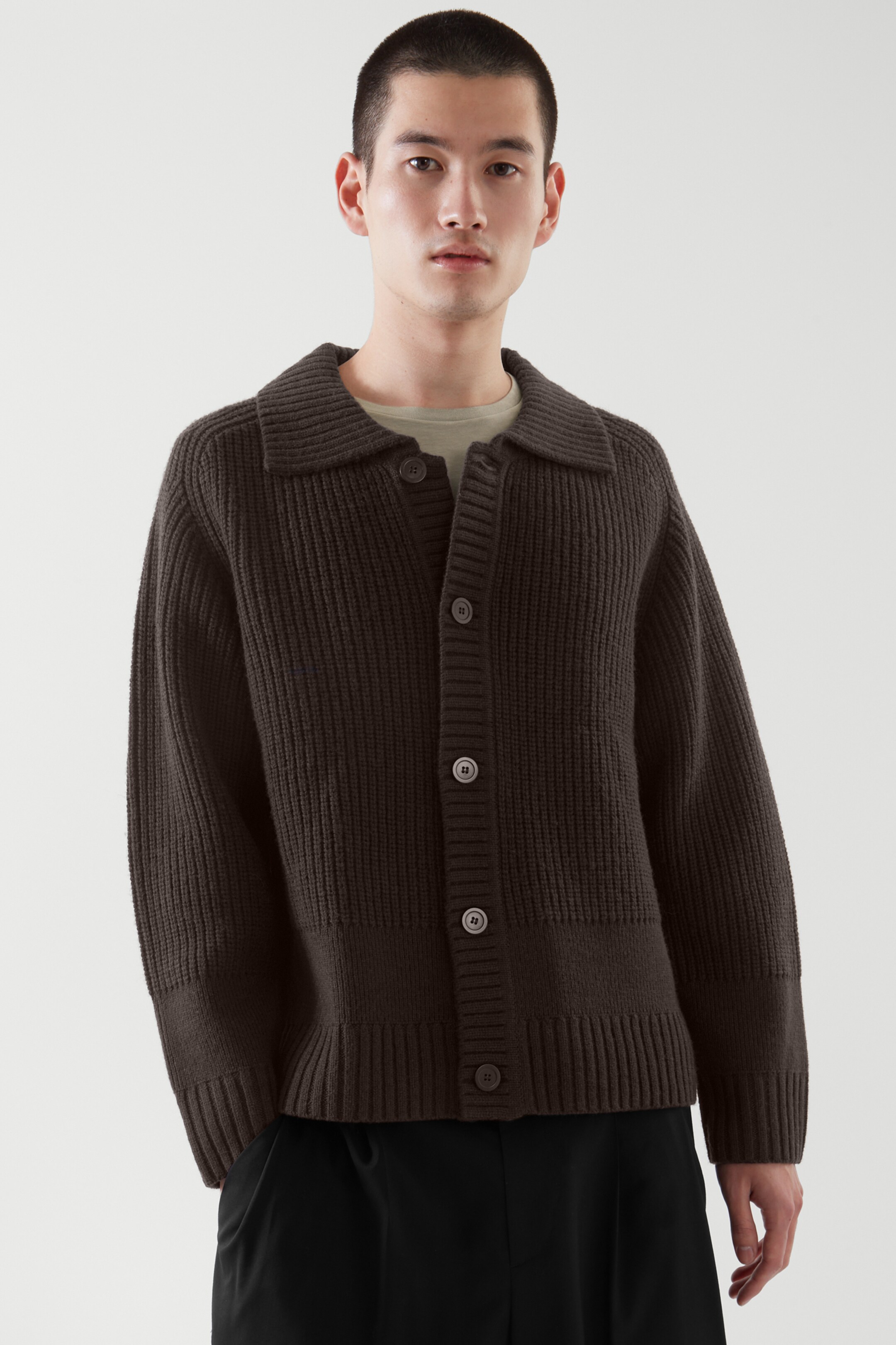 Top image of cos RIBBED KNIT WOOL CARDIGAN in BROWN