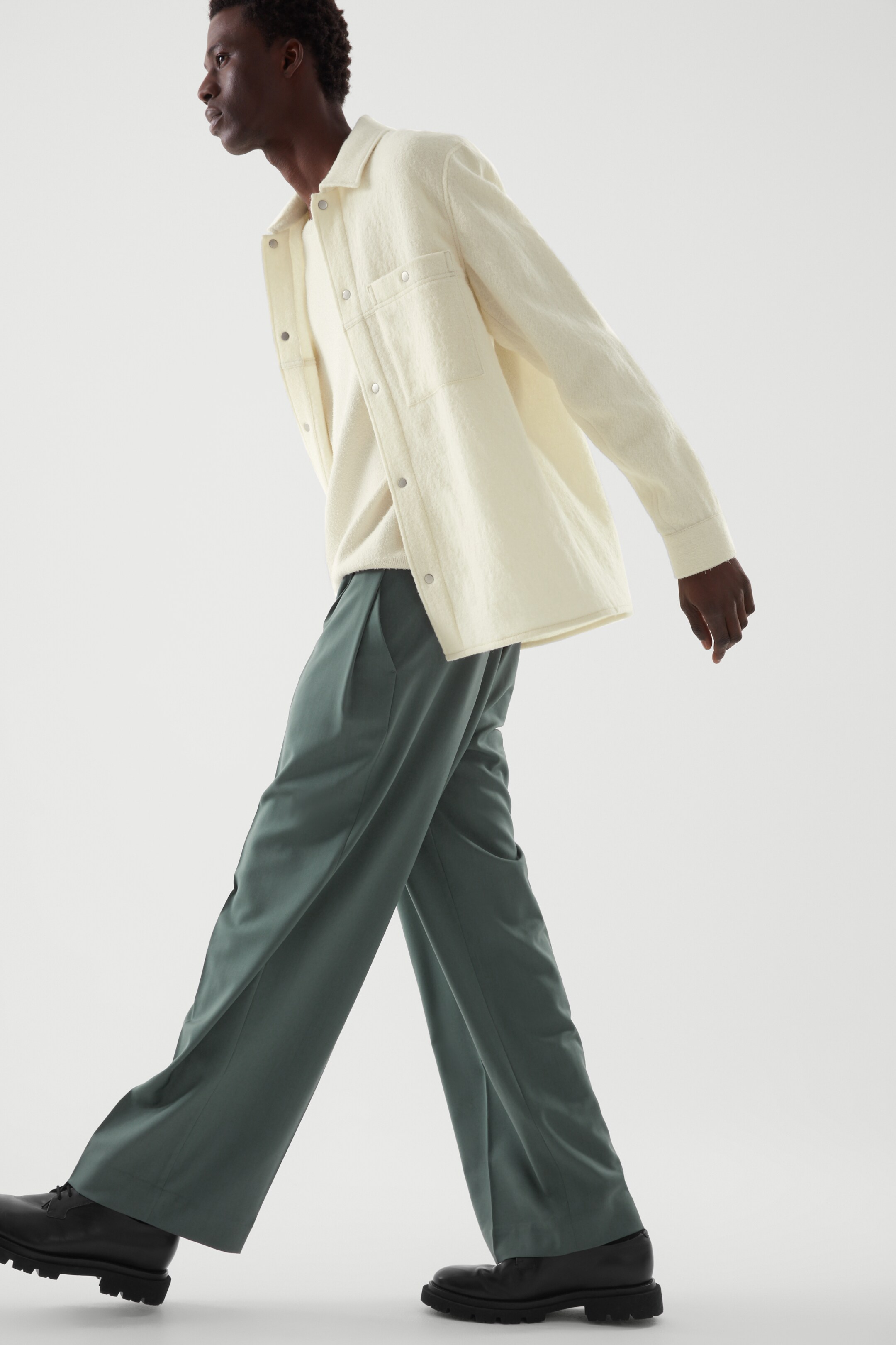 Front image of cos WIDE-LEG PLEATED WOOL PANTS in TEAL GREEN