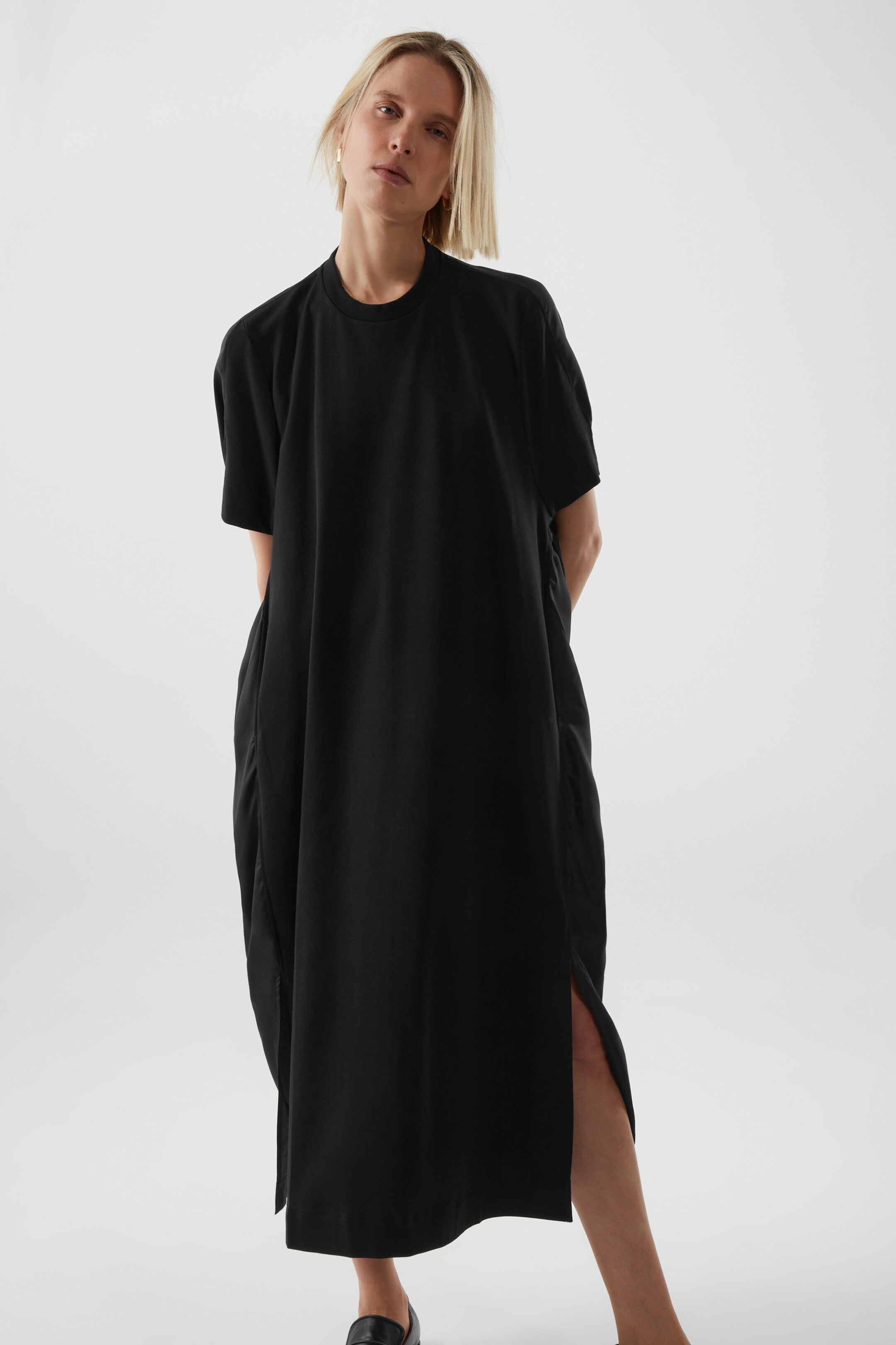 Front image of cos SILK-PANEL T-SHIRT DRESS in BLACK