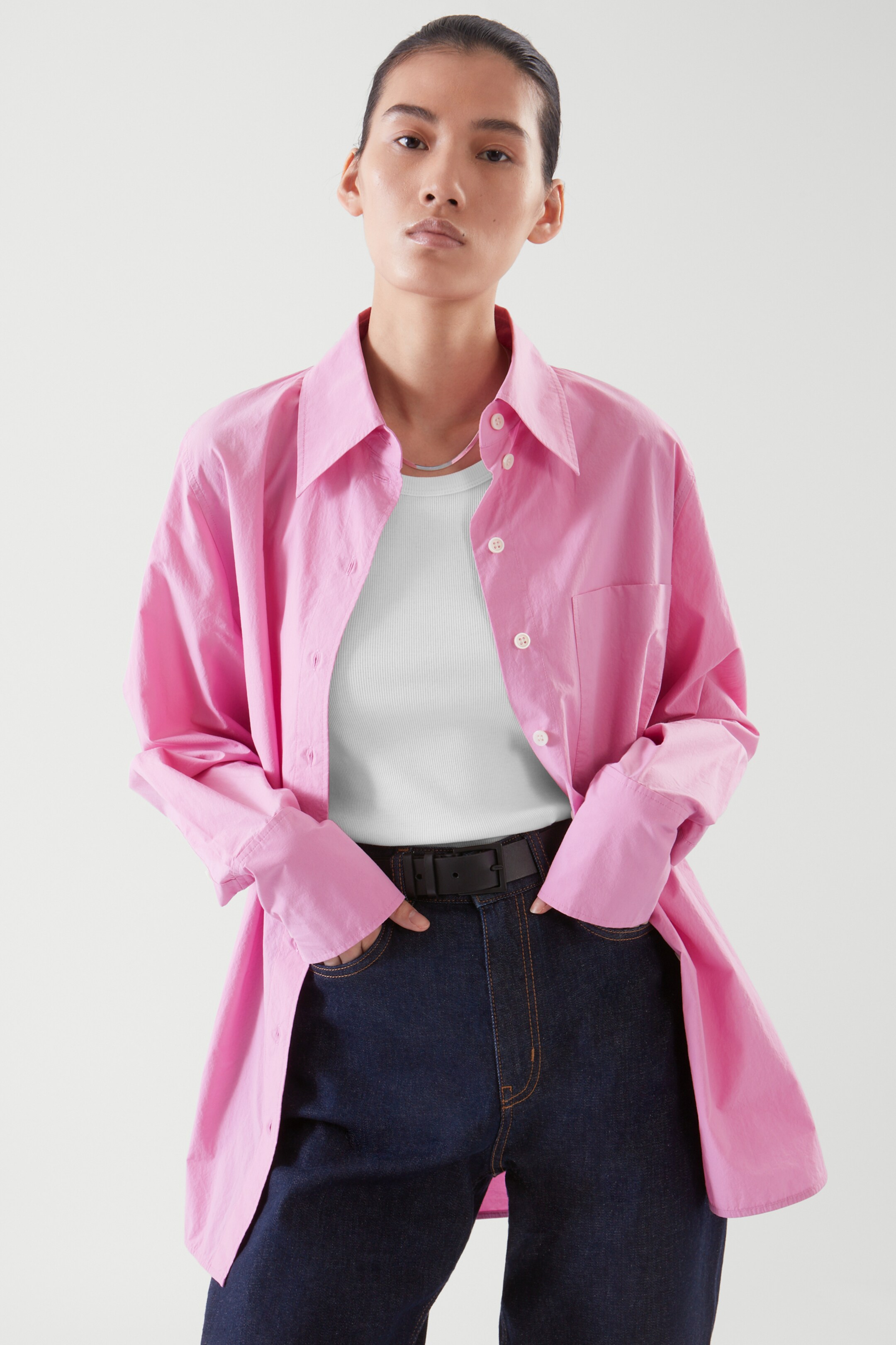 Front image of cos OVERSIZED LONG SLEEVE SHIRT in PINK