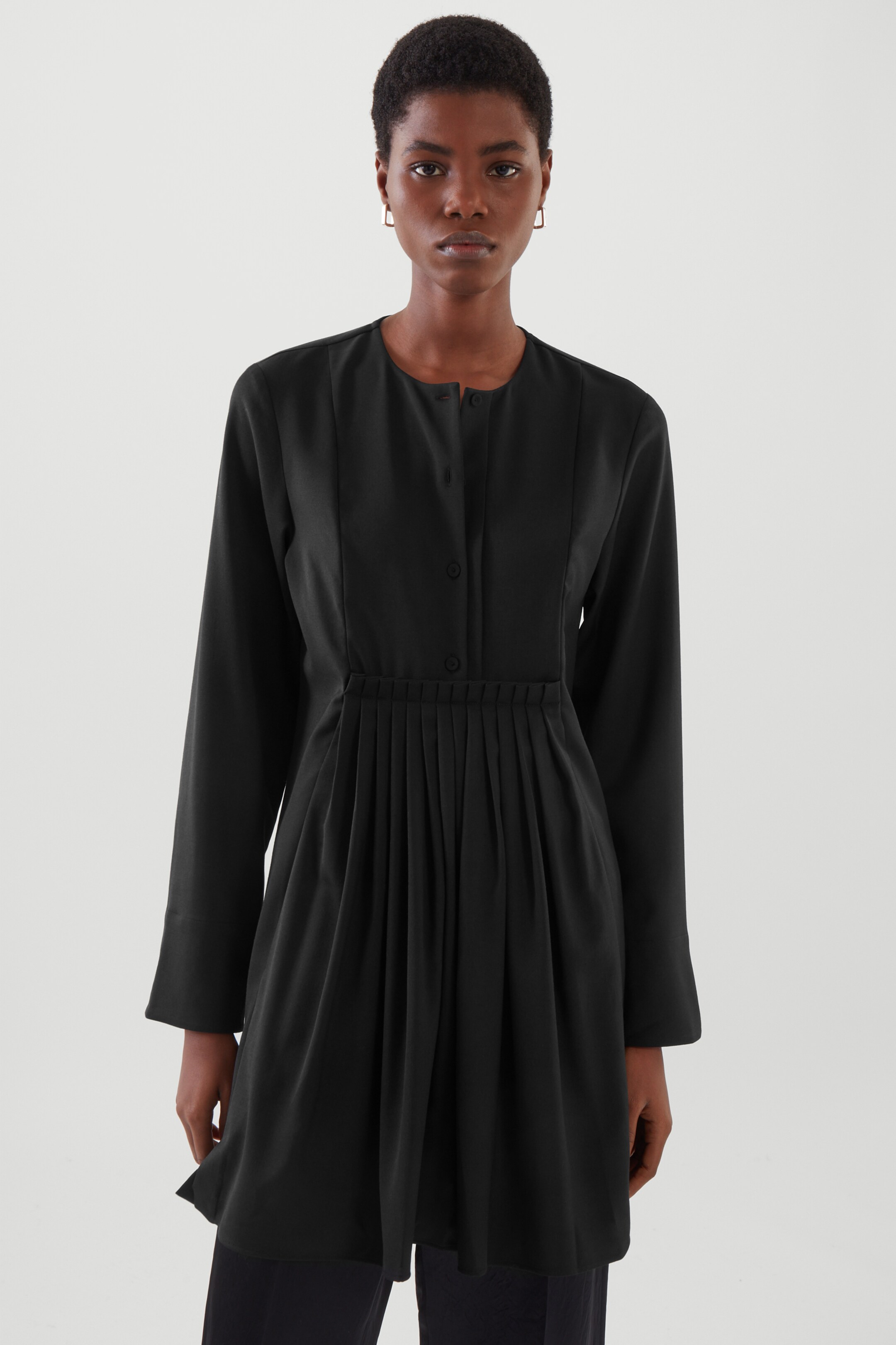 Front image of cos PLEATED PANEL SHIRT DRESS in BLACK