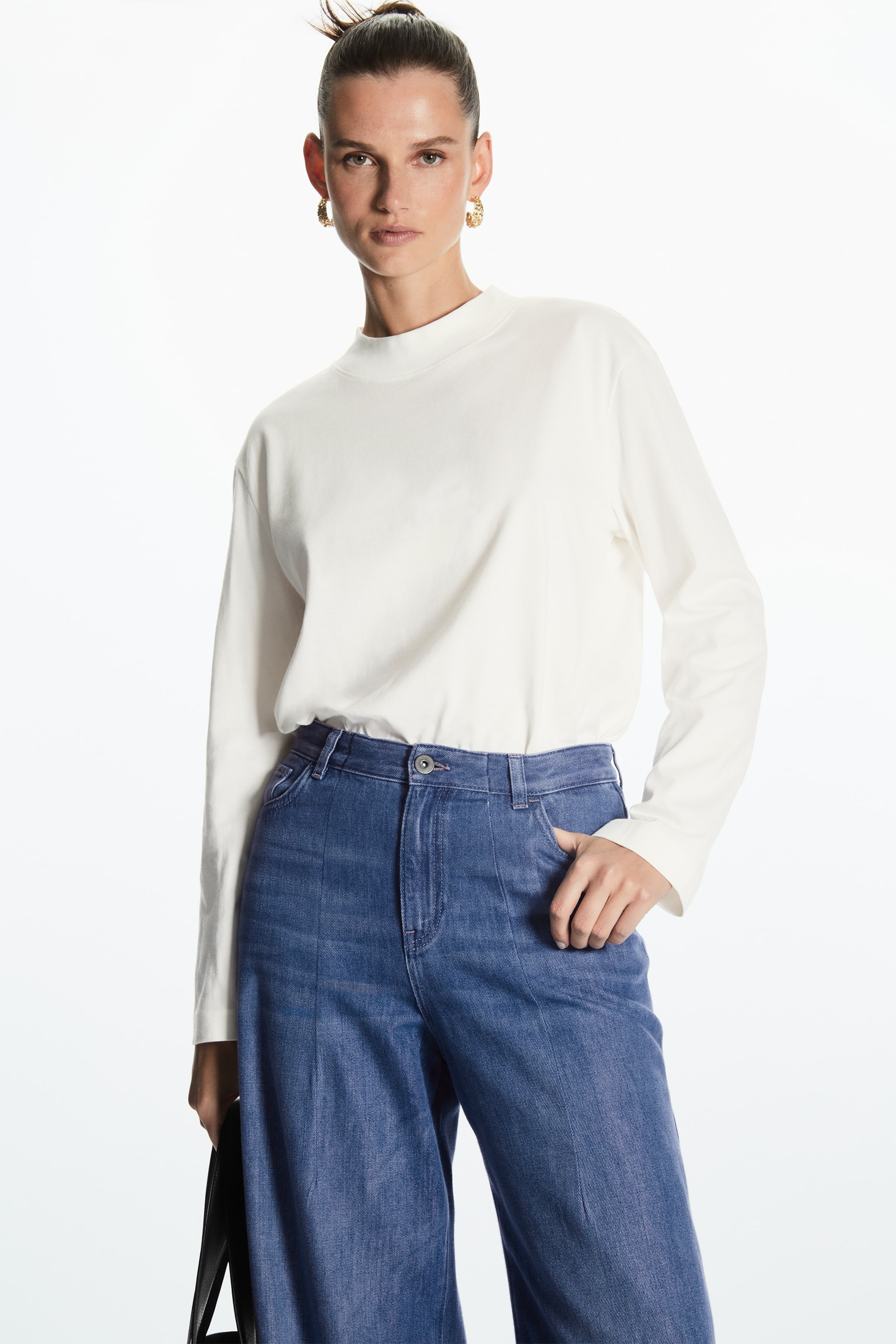 Front image of cos LONG-SLEEVED MOCK-NECK T-SHIRT in WHITE