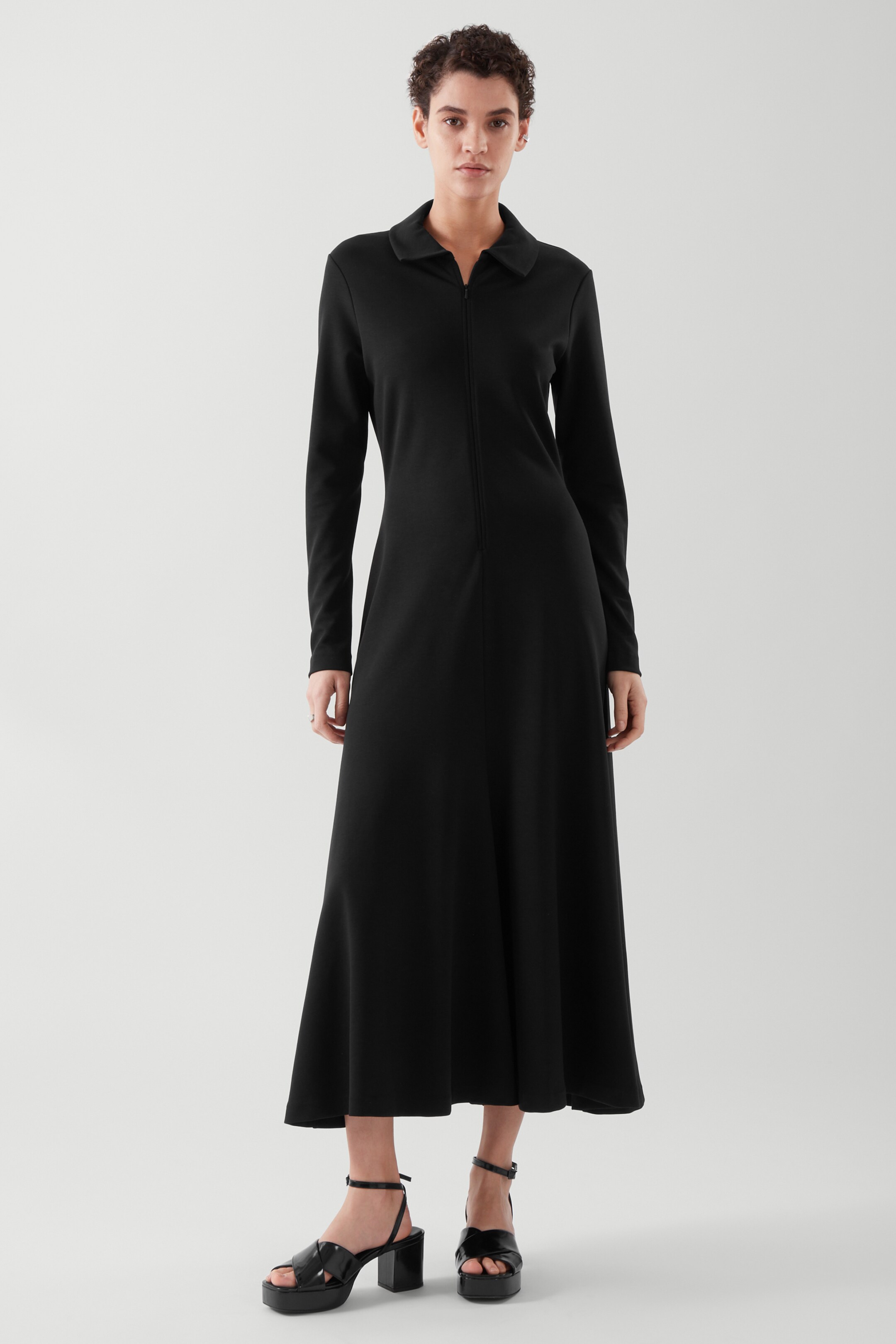 Front image of cos ZIP-UP LONG SLEEVE DRESS in BLACK