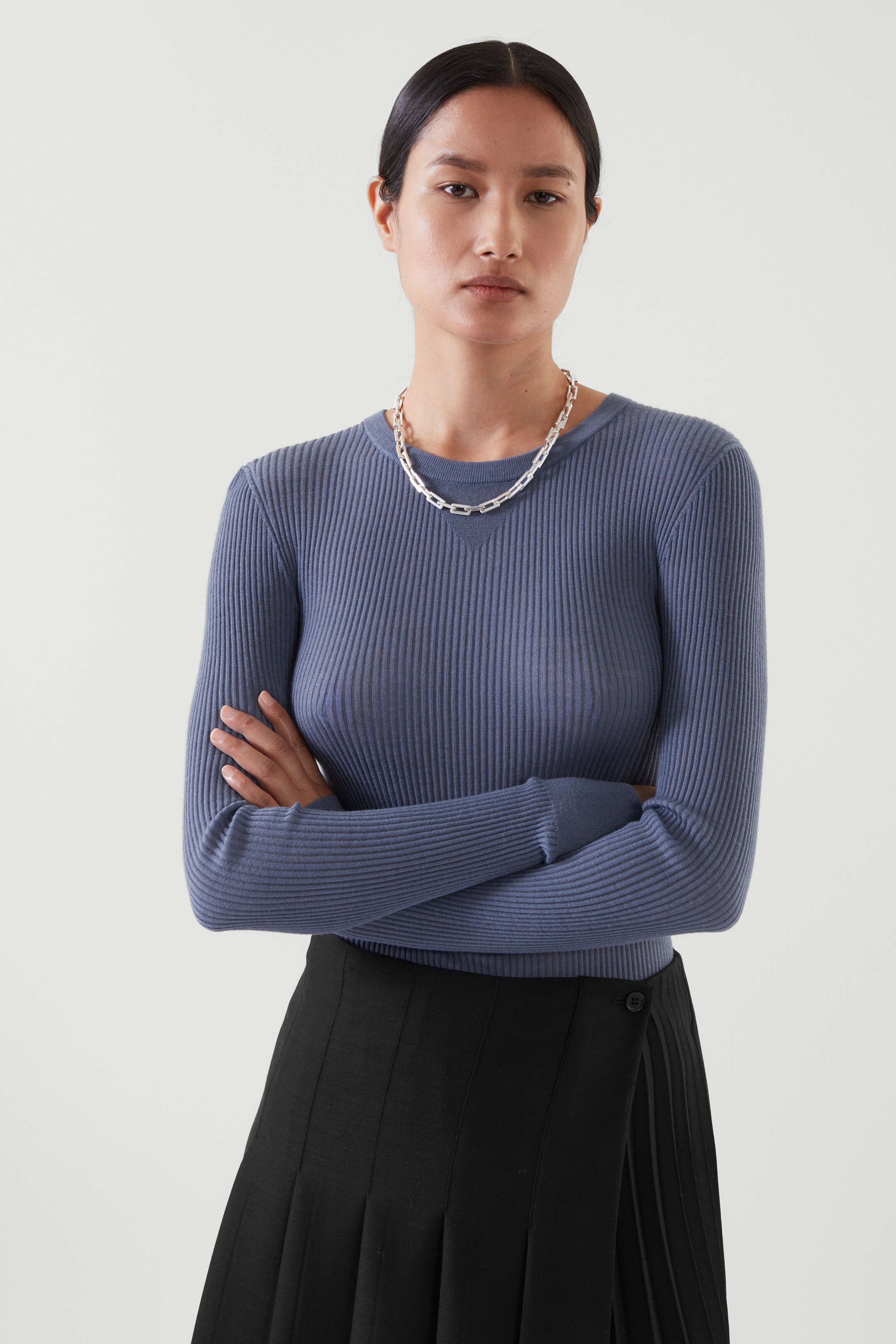 Top image of cos SLIM-FIT LONG-SLEEVE WOOL TOP in WASHED NAVY