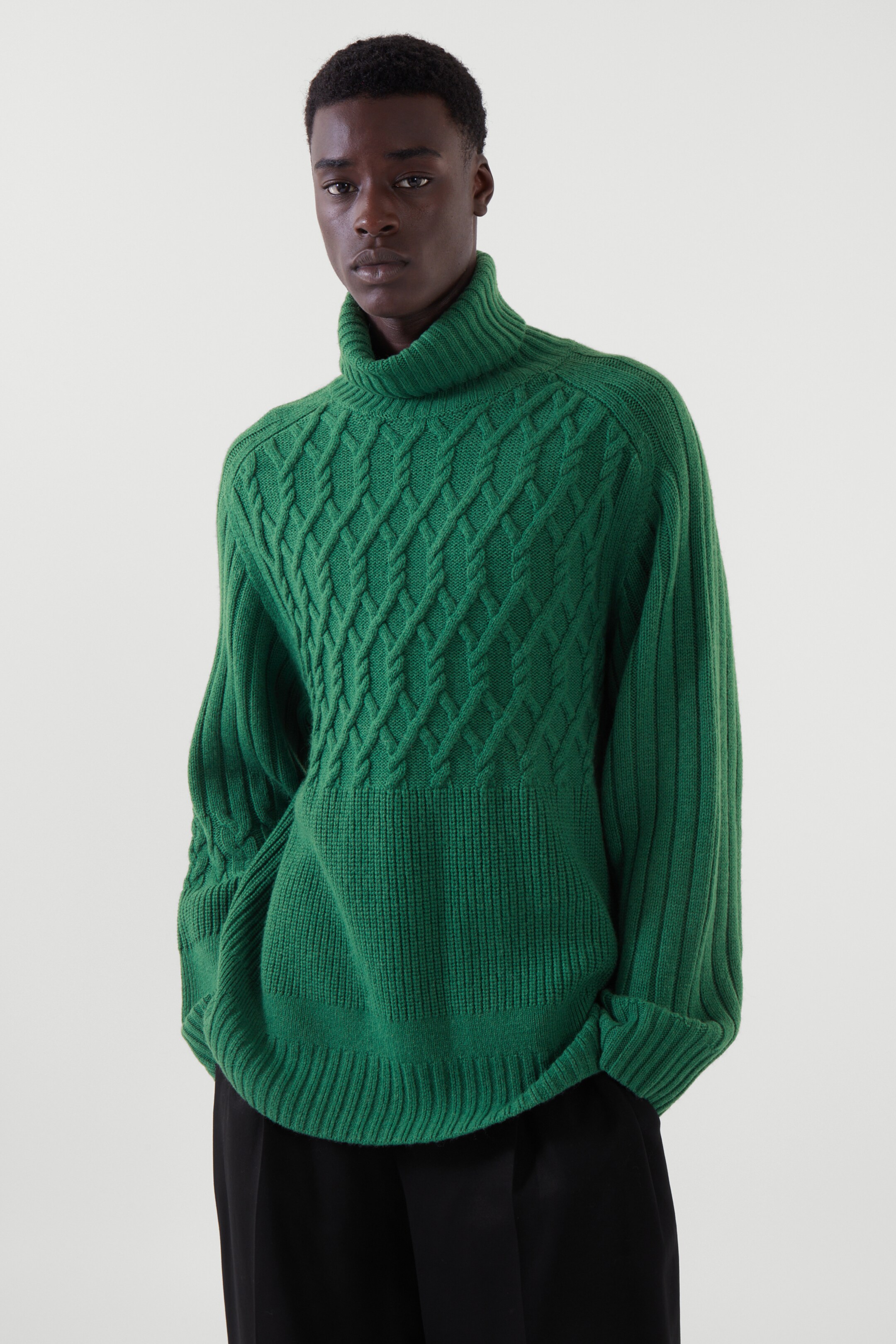 Top image of cos TURTLENECK CABLE-KNIT JUMPER in DARK GREEN