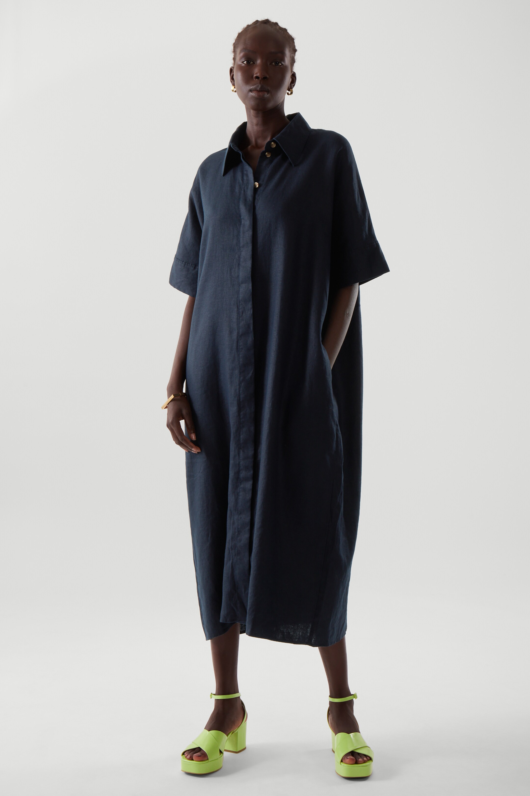 Front image of cos RELAXED LINEN SHIRT DRESS in DARK NAVY