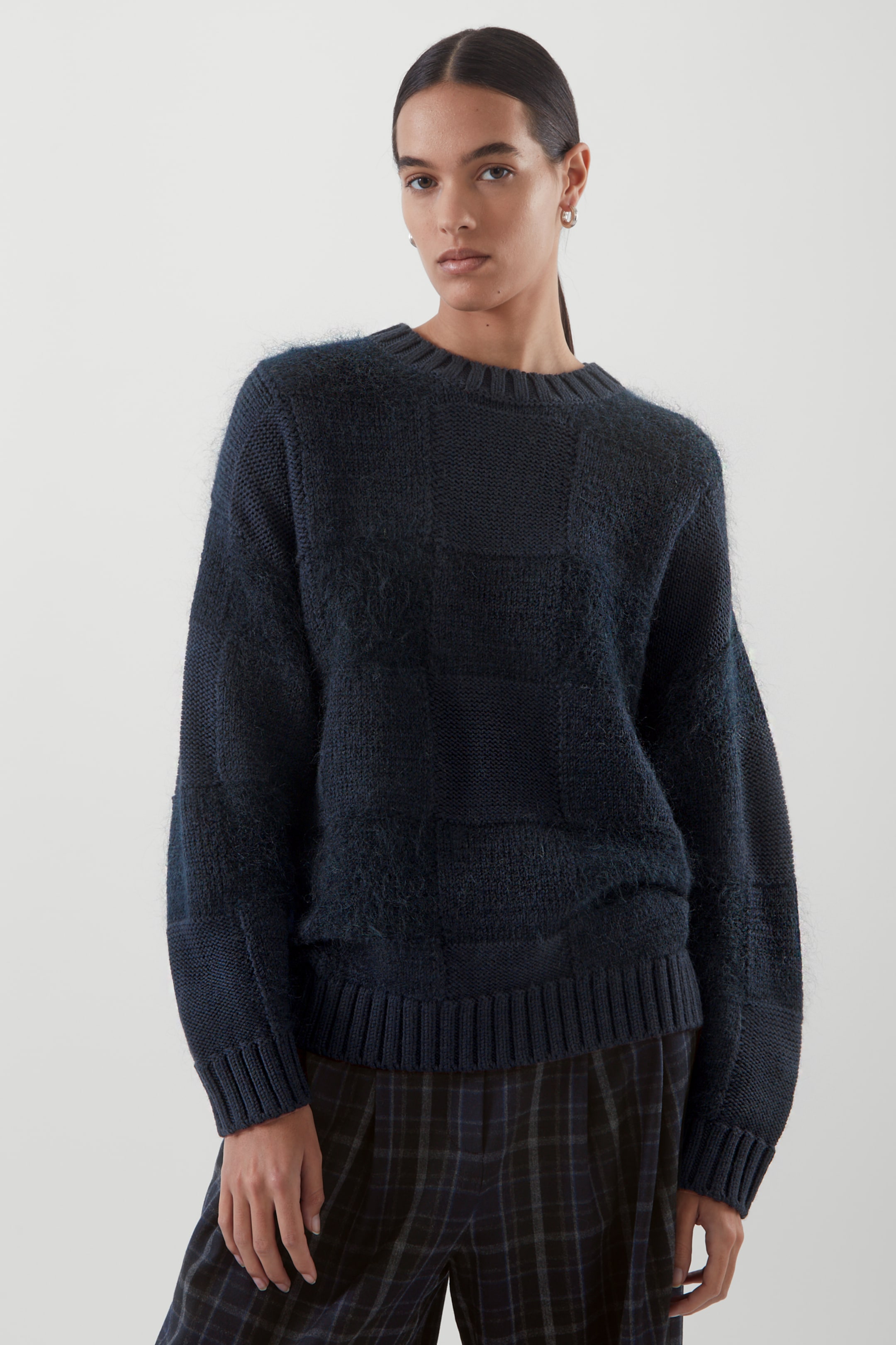 Front image of cos OVERSIZED CHECKED WOOL JUMPER in NAVY