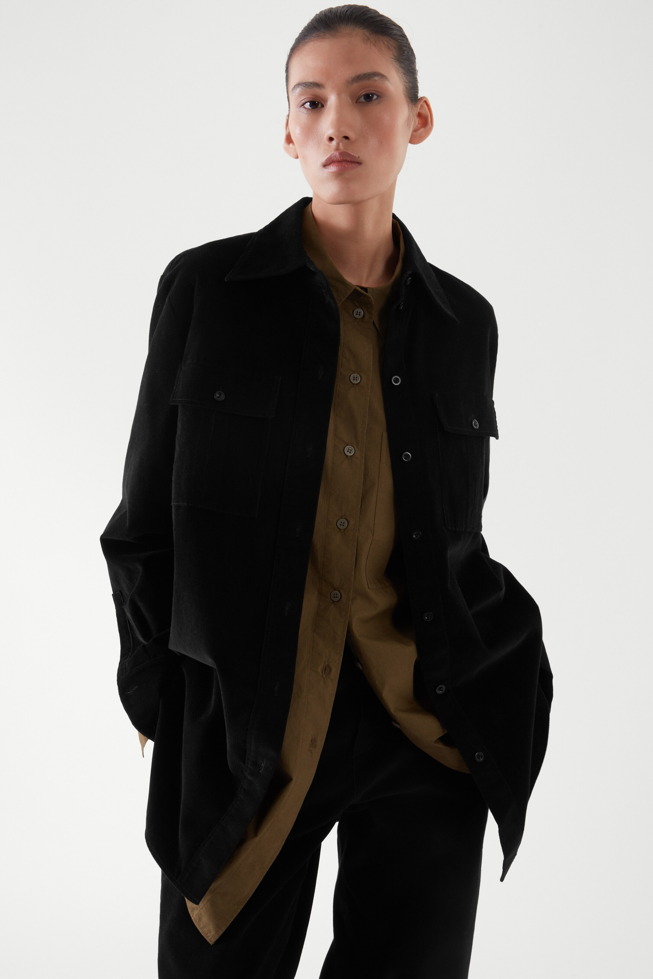 Front image of cos REGULAR-FIT CORDUROY UTILITY SHIRT in BLACK