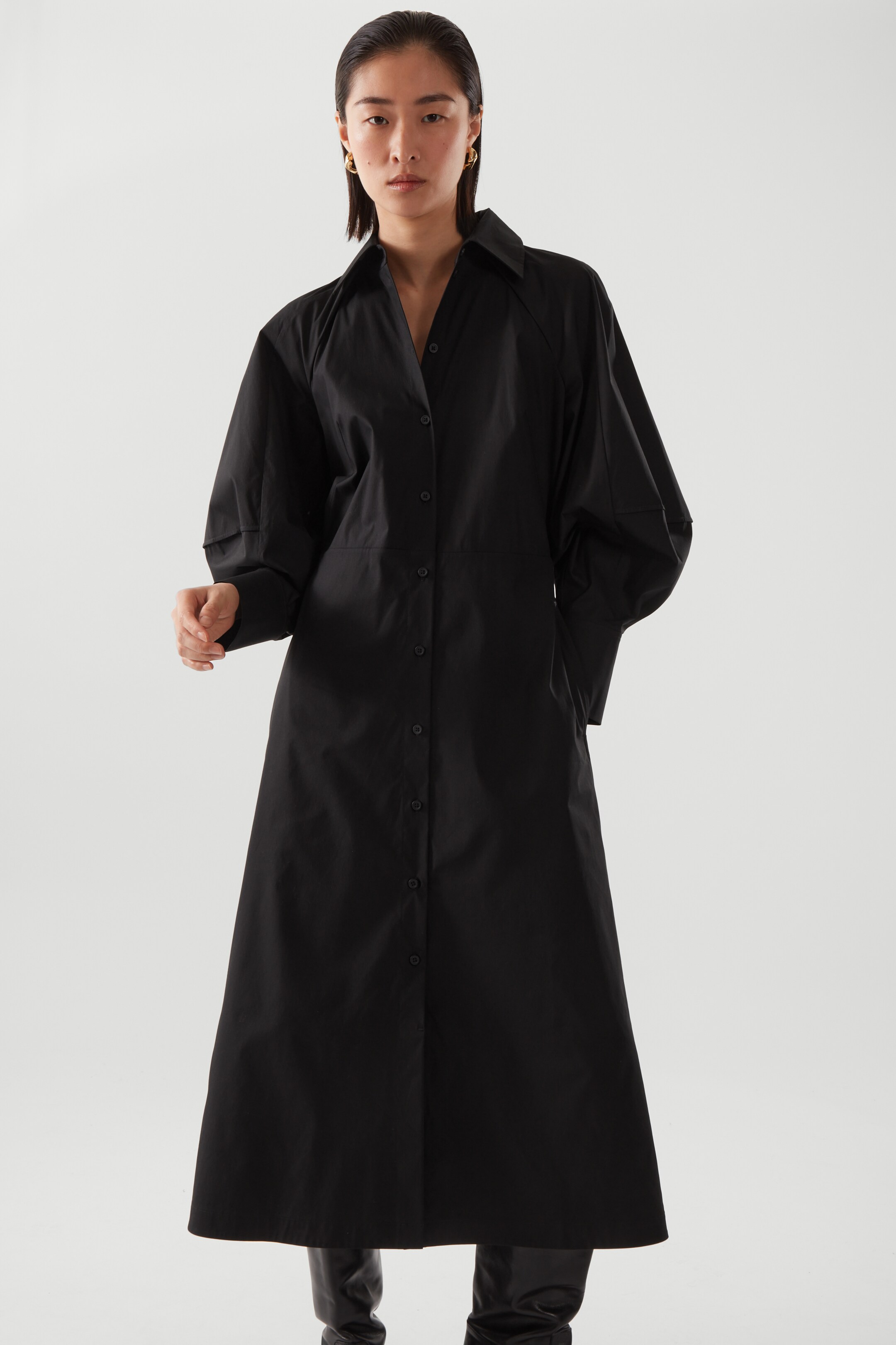 Front image of cos WAISTED MIDI SHIRT DRESS in BLACK