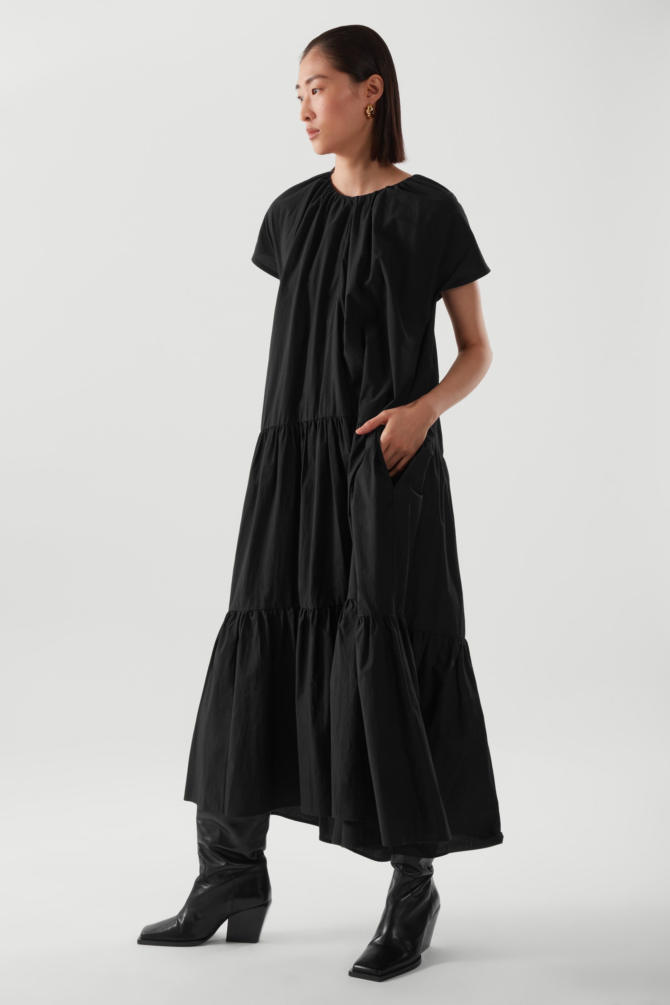Front image of cos TIERED A-LINE MAXI DRESS in BLACK
