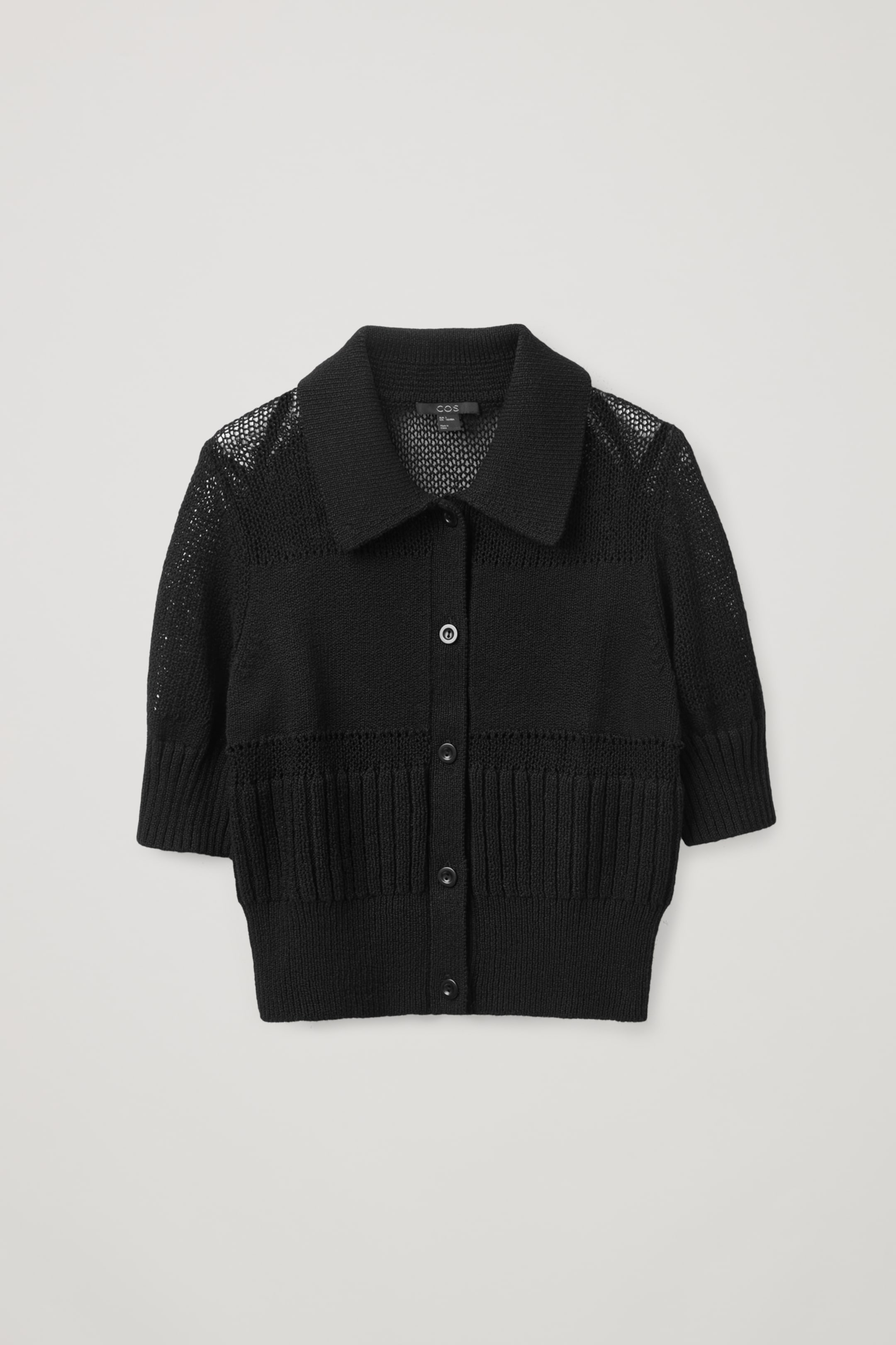 Front image of cos MESH PANEL SHORT-SLEEVE CARDIGAN in Black