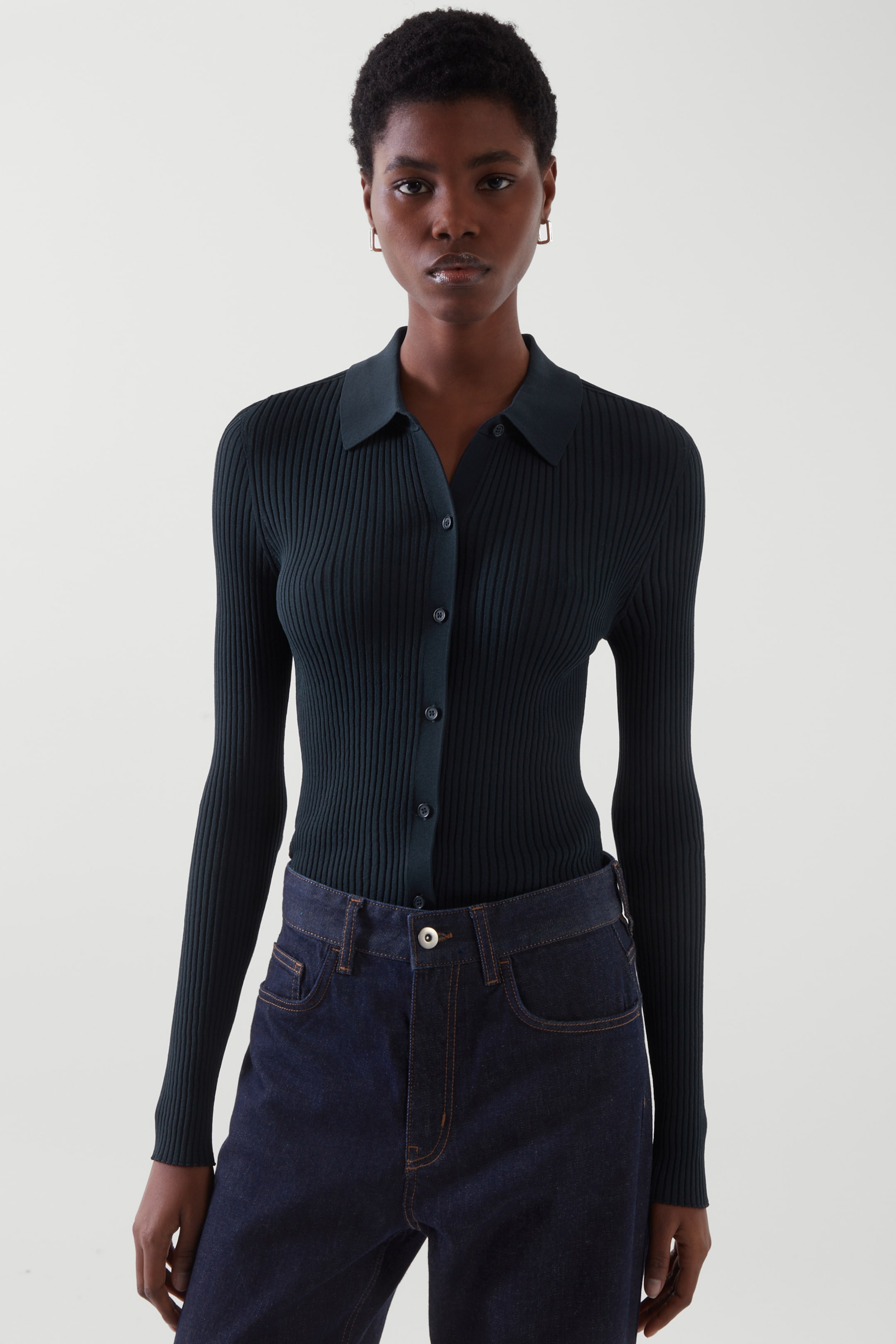 Front image of cos SLIM-FIT RIBBED CARDIGAN in NAVY