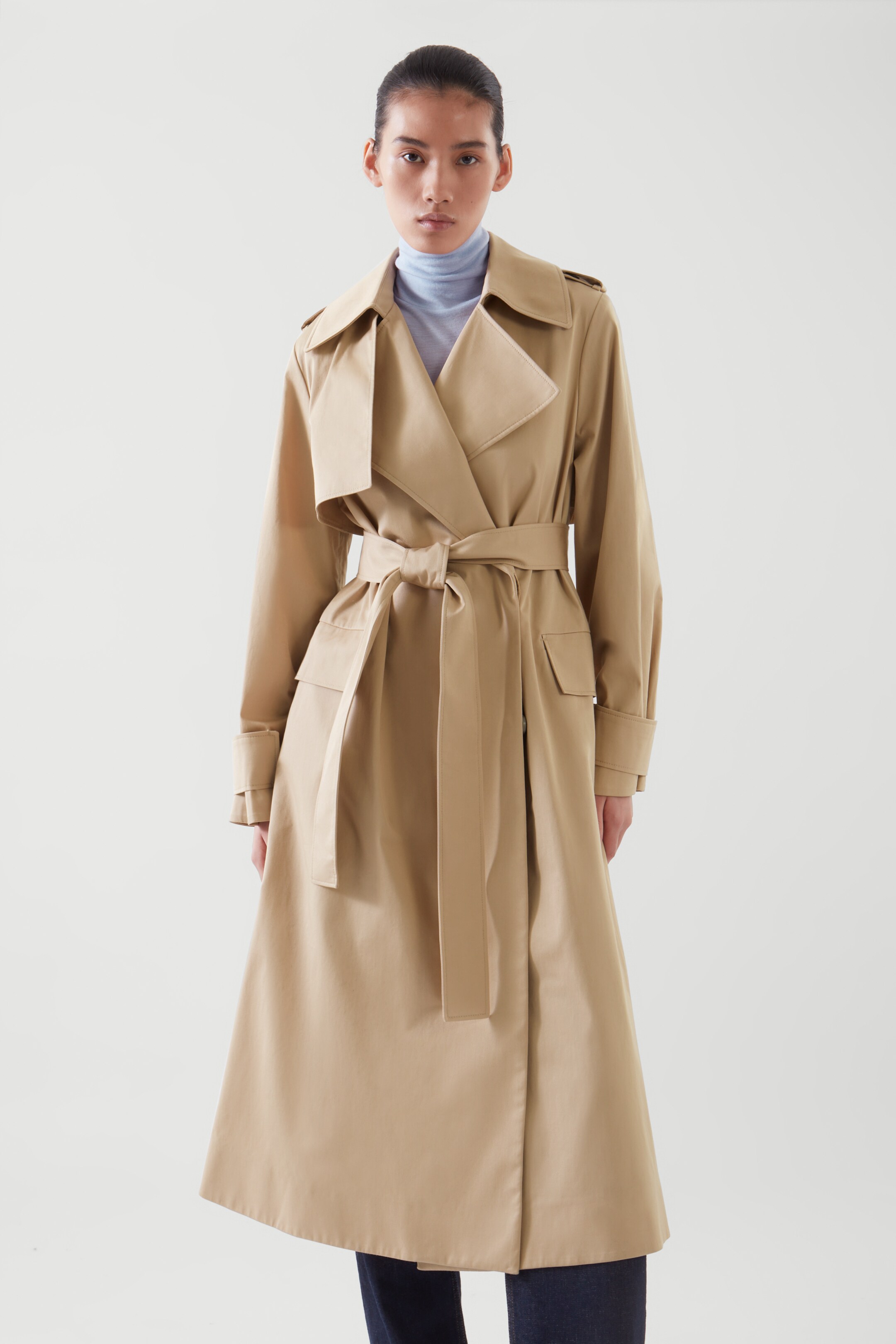Front image of cos BELTED TRENCH COAT in BEIGE