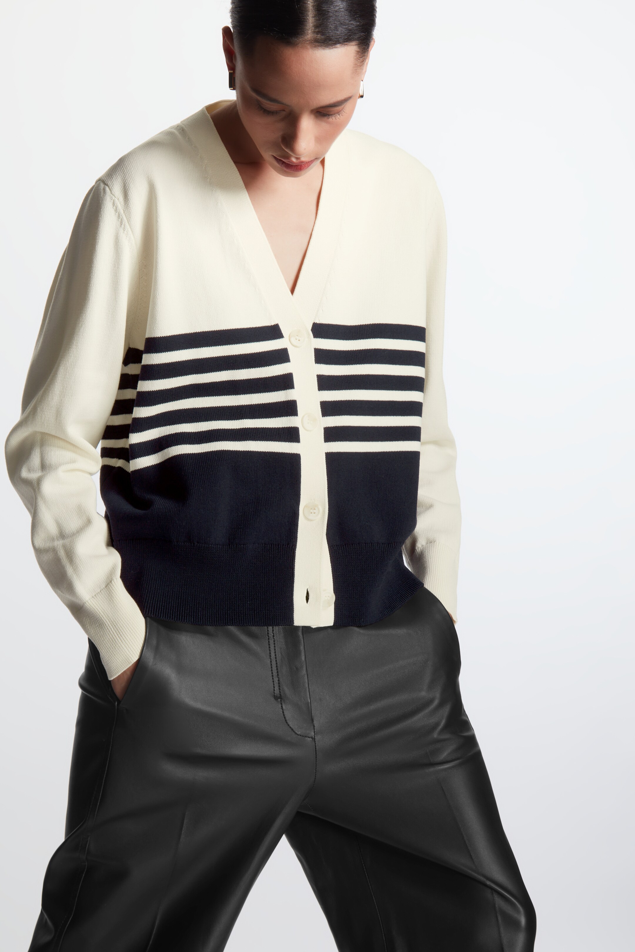 Front image of cos STRIPED CARDIGAN in CREAM / NAVY