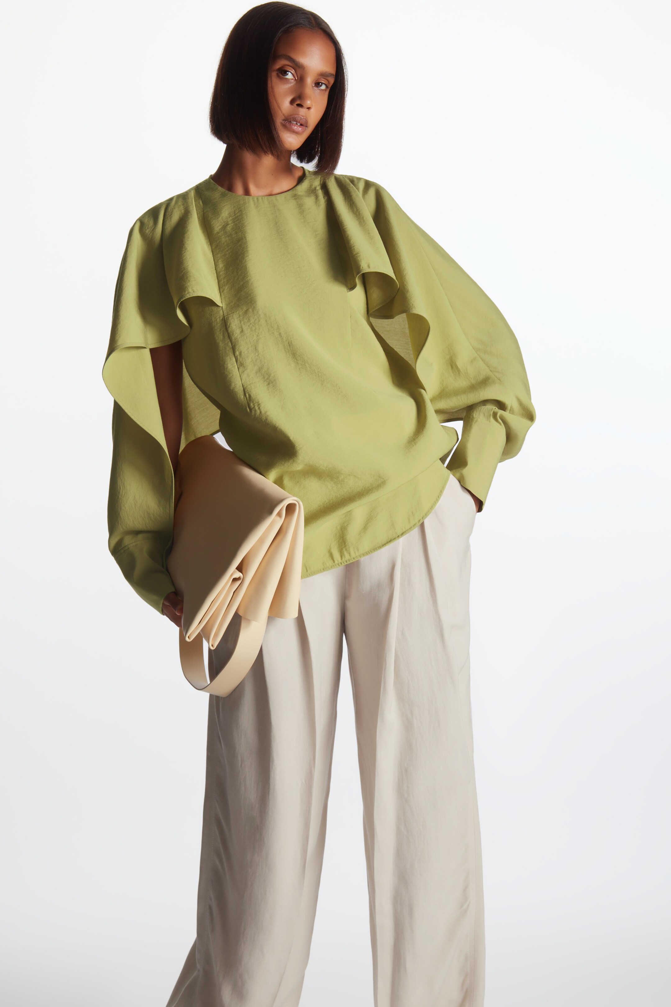 Front image of cos RUFFLE-SLEEVE BLOUSE in KHAKI
