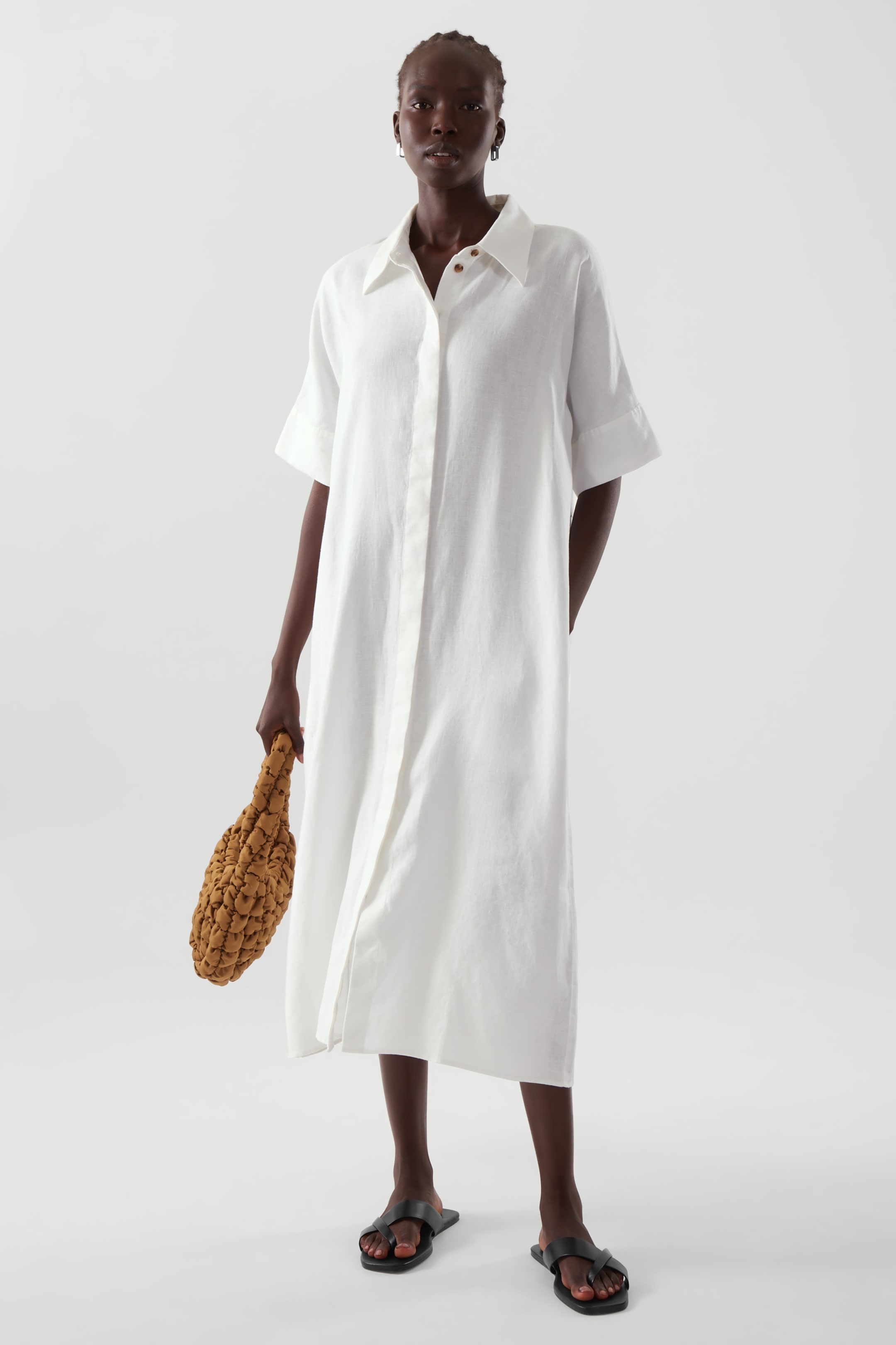 Front image of cos RELAXED LINEN SHIRT DRESS in WHITE