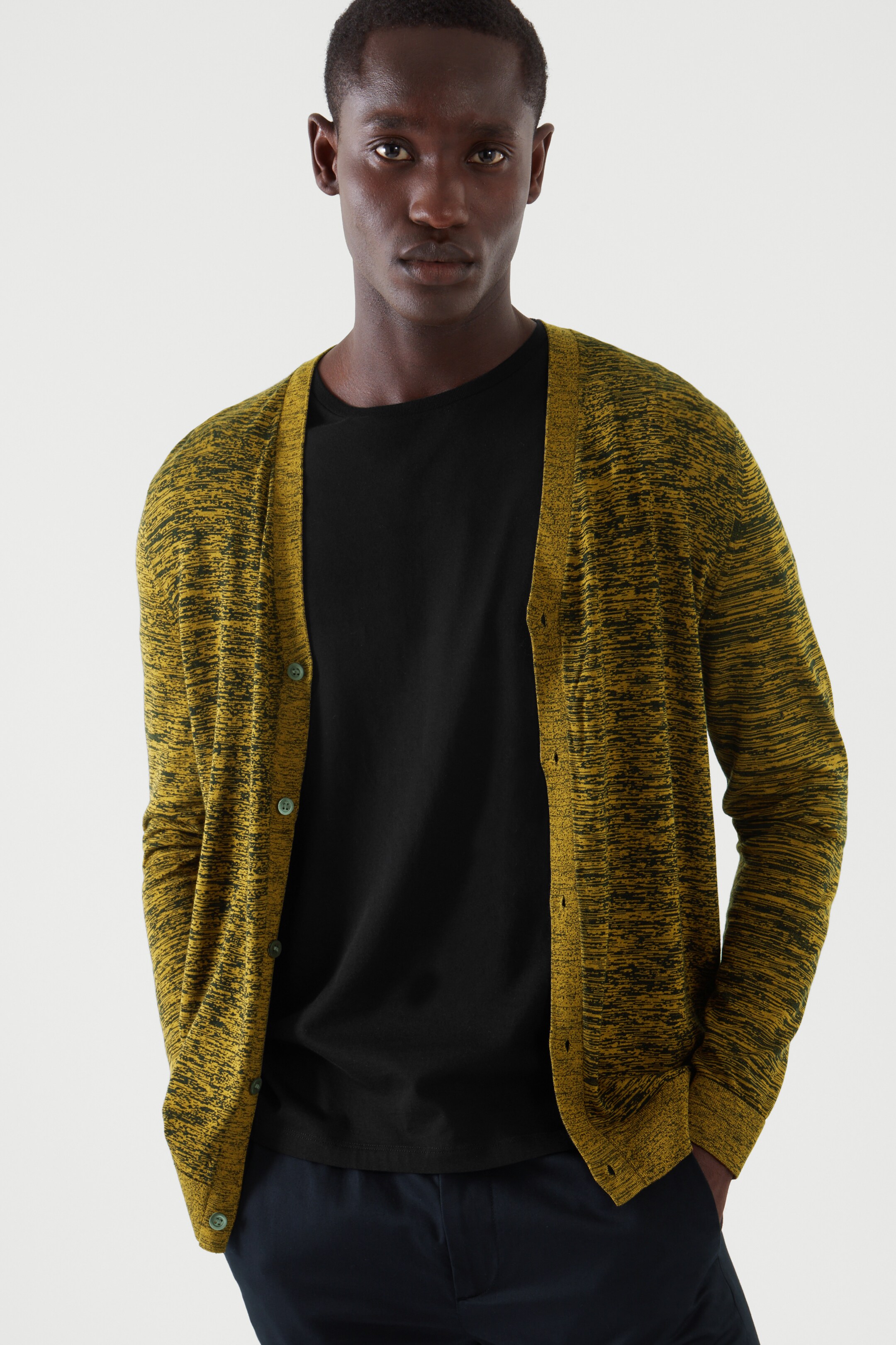 Front image of cos V-NECK CARDIGAN in mustard yellow / black