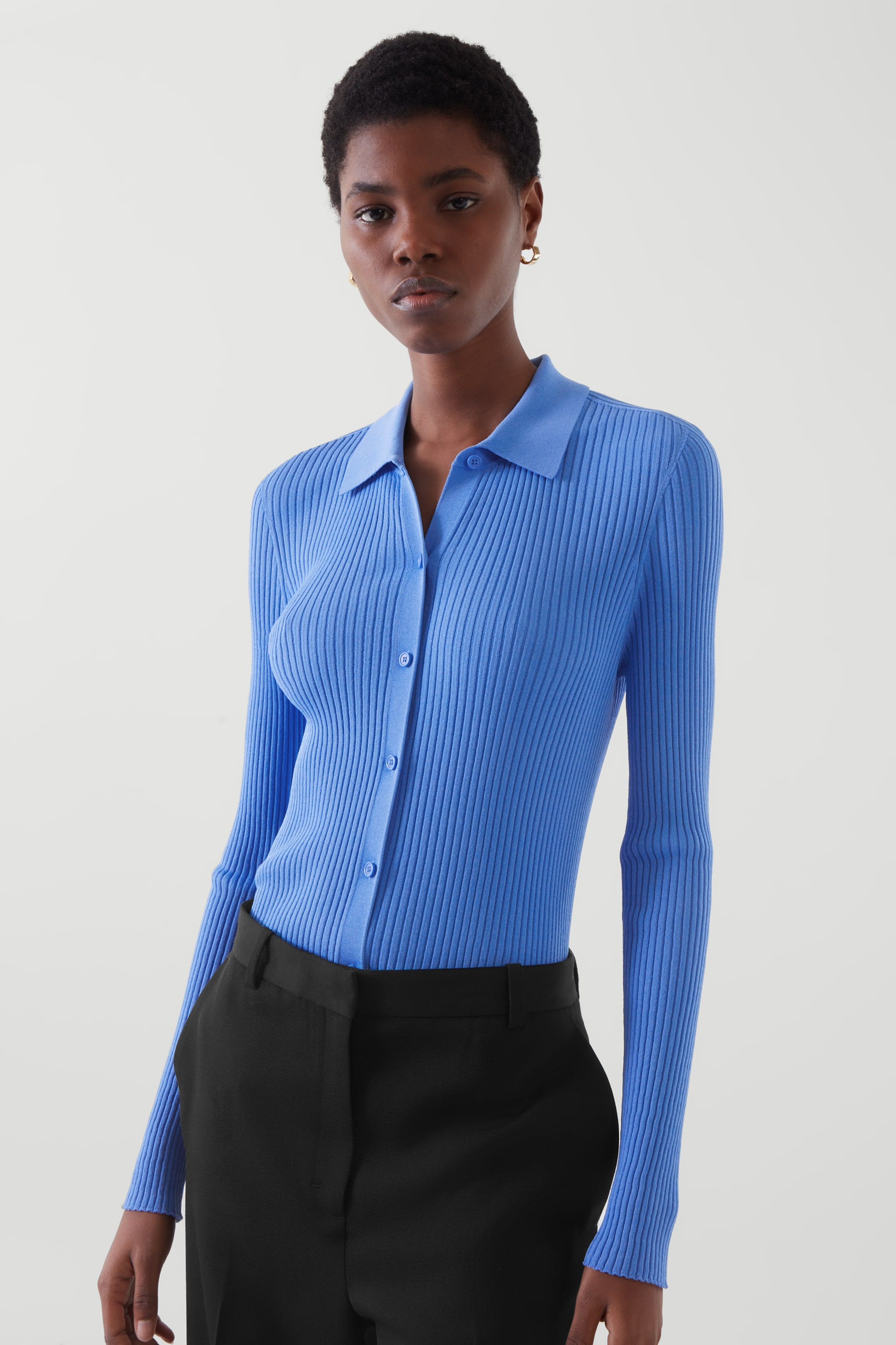 Front image of cos SLIM-FIT RIBBED CARDIGAN in BLUE