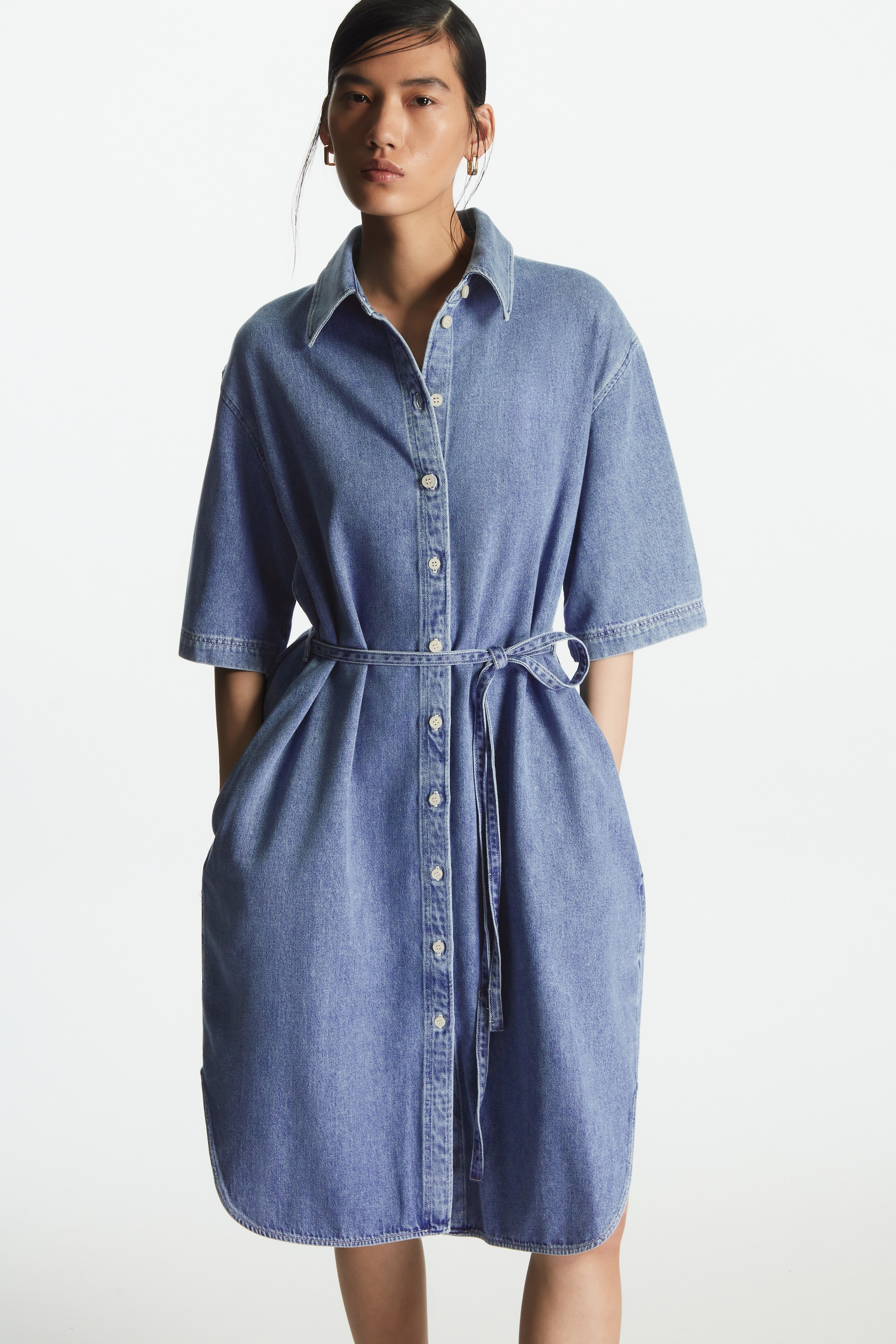 Top image of cos BELTED DENIM MIDI SHIRT DRESS in LIGHT BLUE