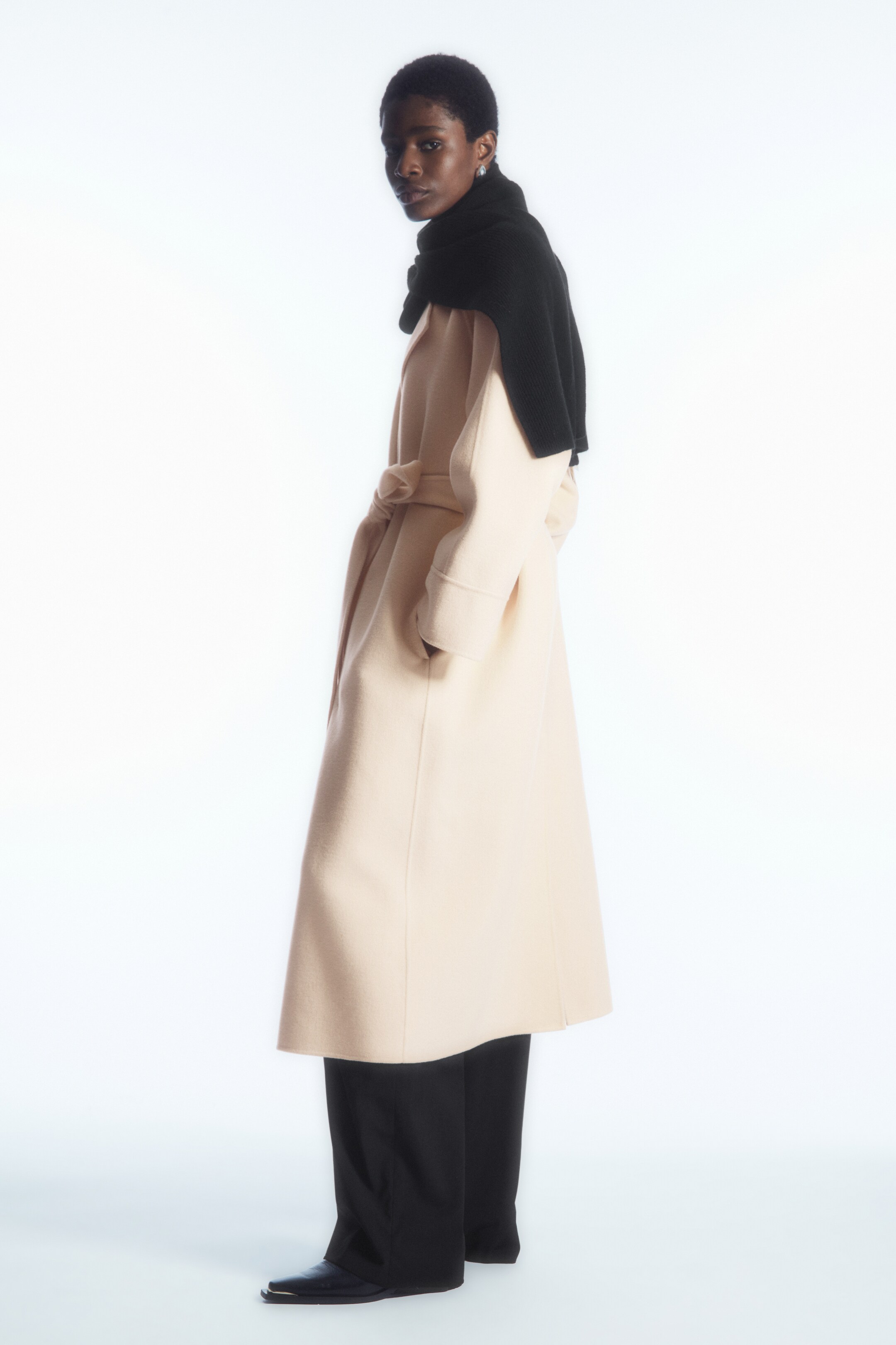 Left image of cos BELTED DOUBLE-FACED WOOL COAT in CREAM