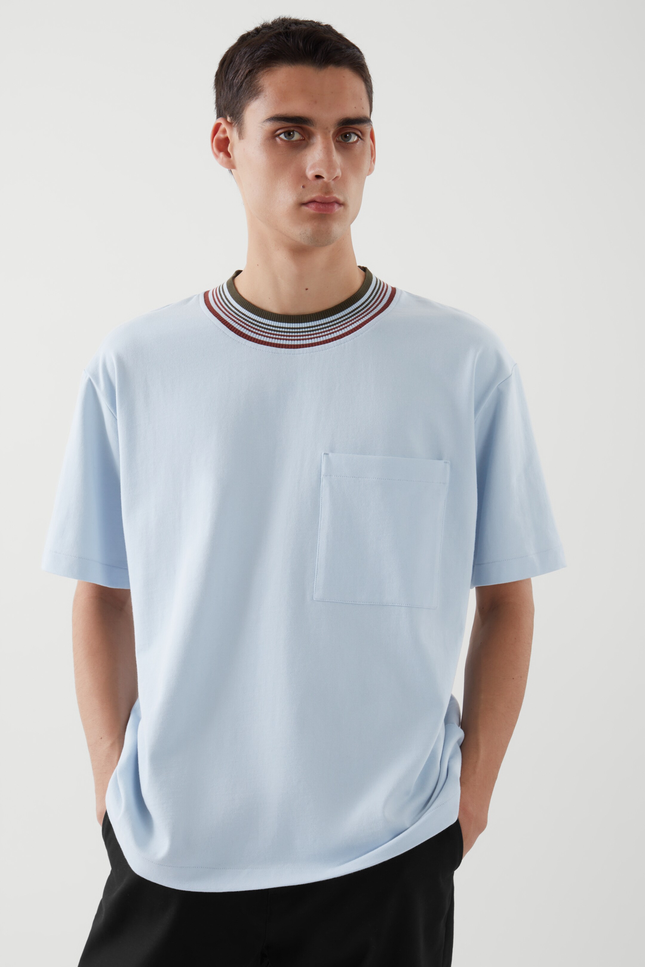 Front image of cos RELAXED-FIT STRIPED NECK T-SHIRT in LIGHT BLUE