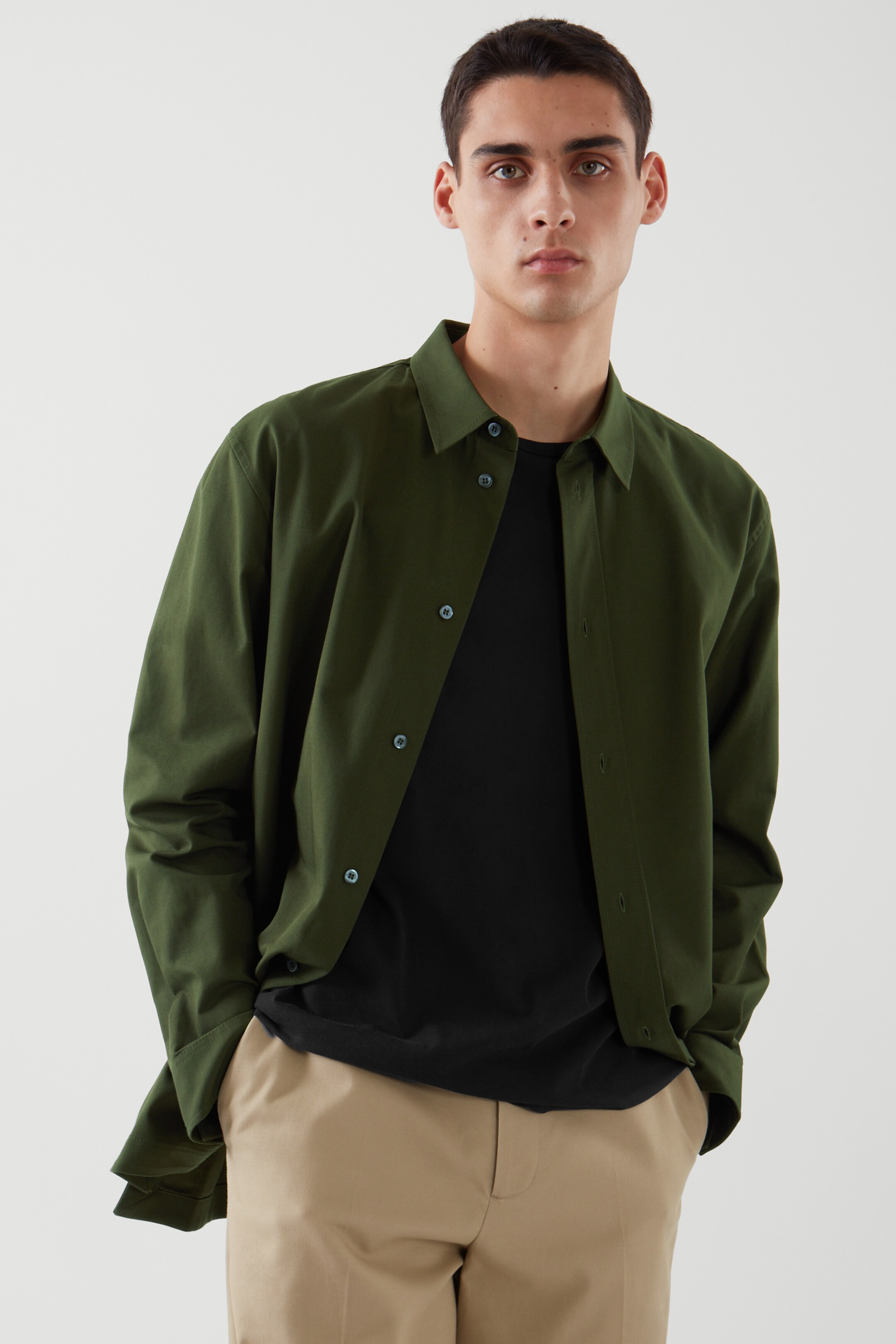 Front image of cos RELAXED-FIT CONTRAST-PANEL SHIRT in KHAKI GREEN