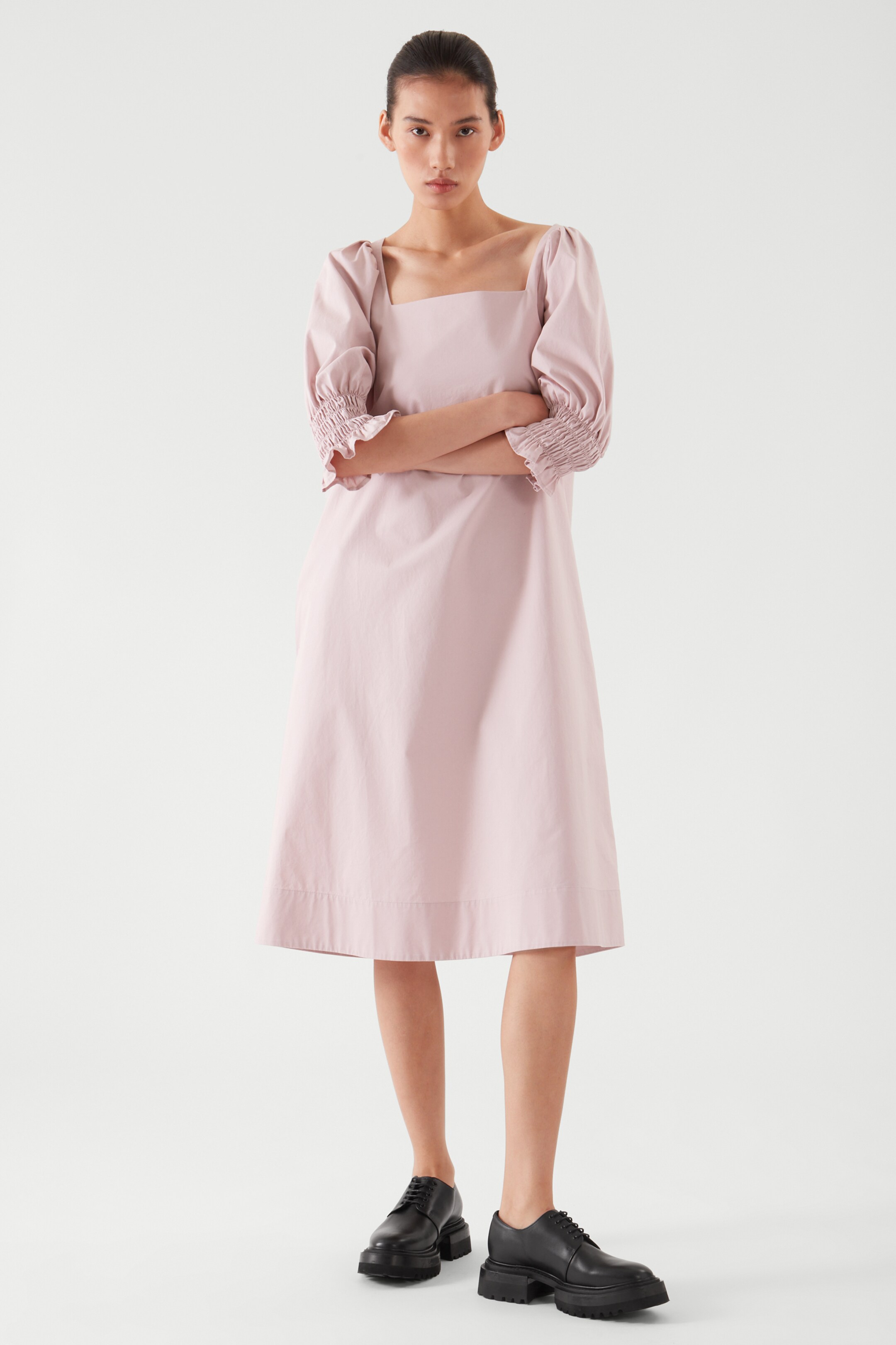 Front image of cos SQUARE-NECK PUFF-SLEEVE DRESS in DUSTY PINK