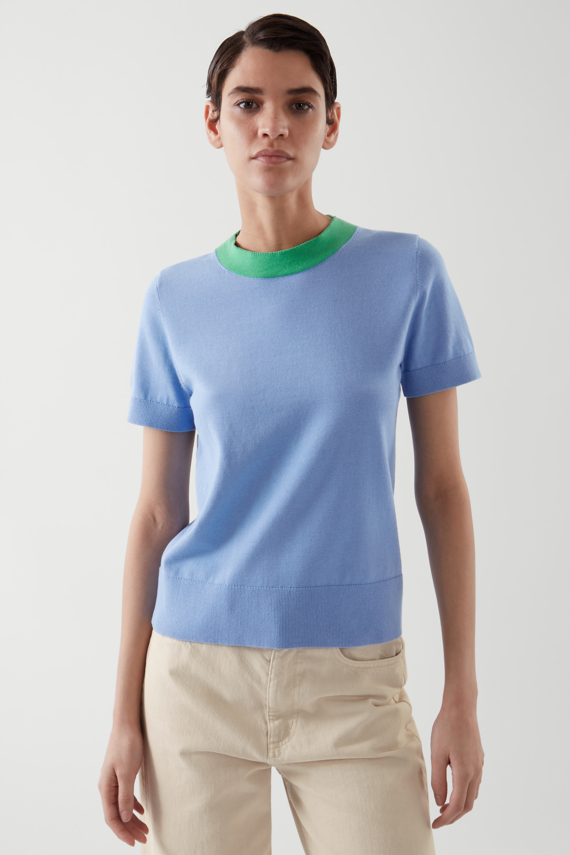 Front image of cos KNITTED T-SHIRT in LIGHT BLUE