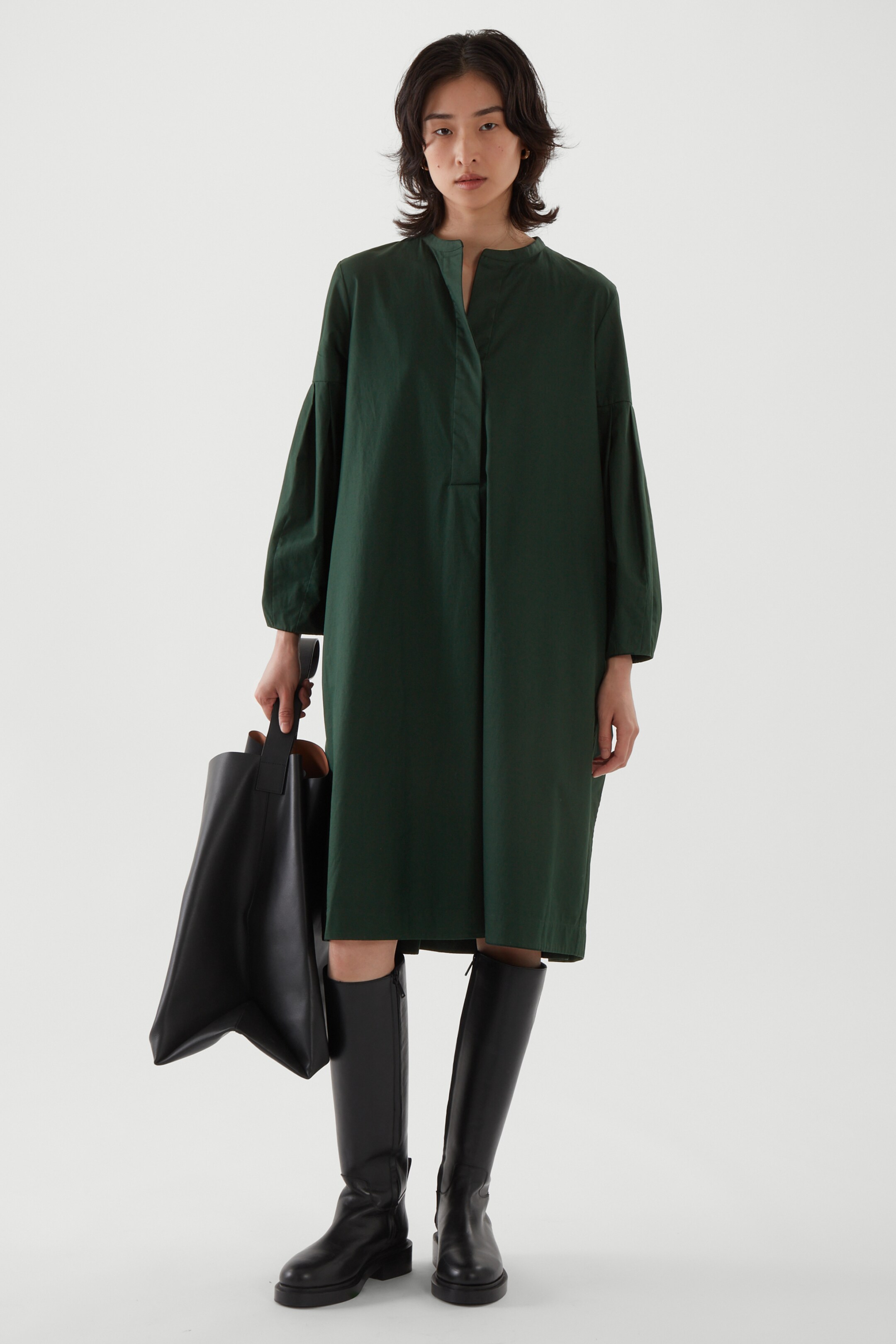 Front image of cos PLEATED SHIRT DRESS in DARK GREEN