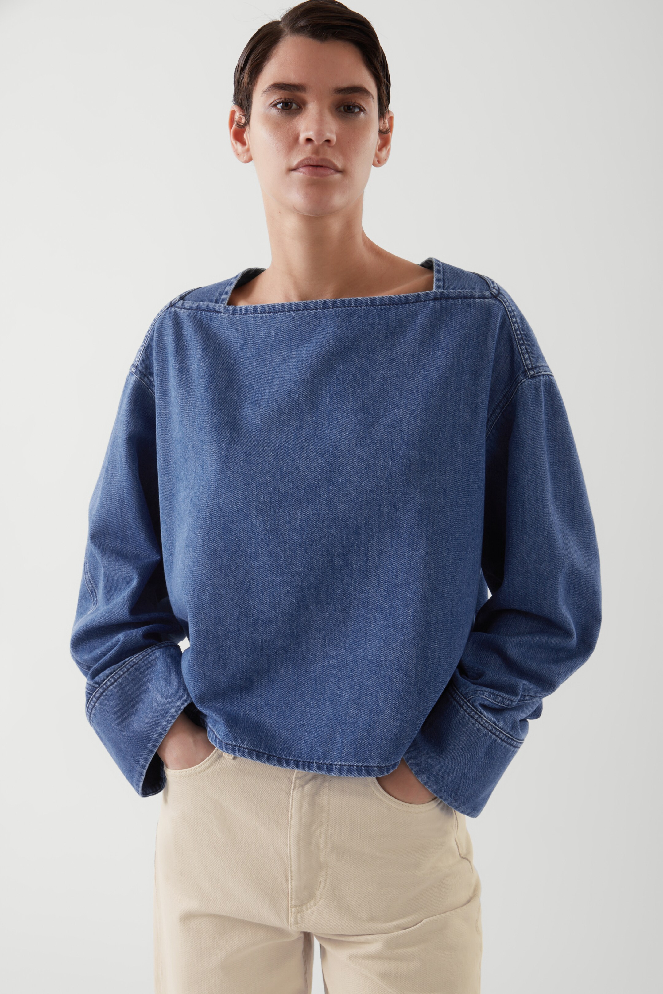 Front image of cos SQUARE-NECK DENIM TOP in BLUE