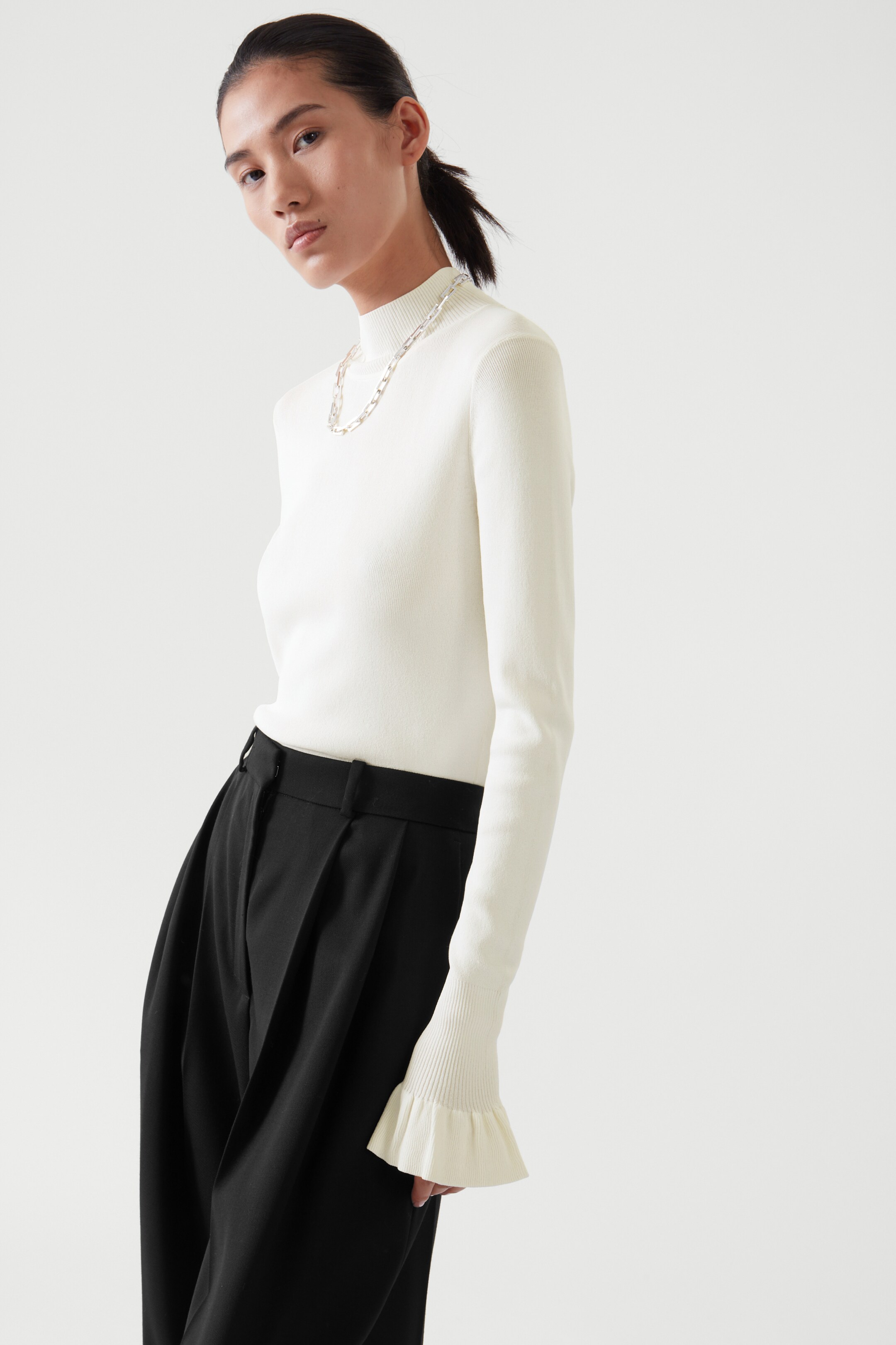 Top image of cos FRILL DETAIL TURTLENECK JUMPER in OFF-WHITE