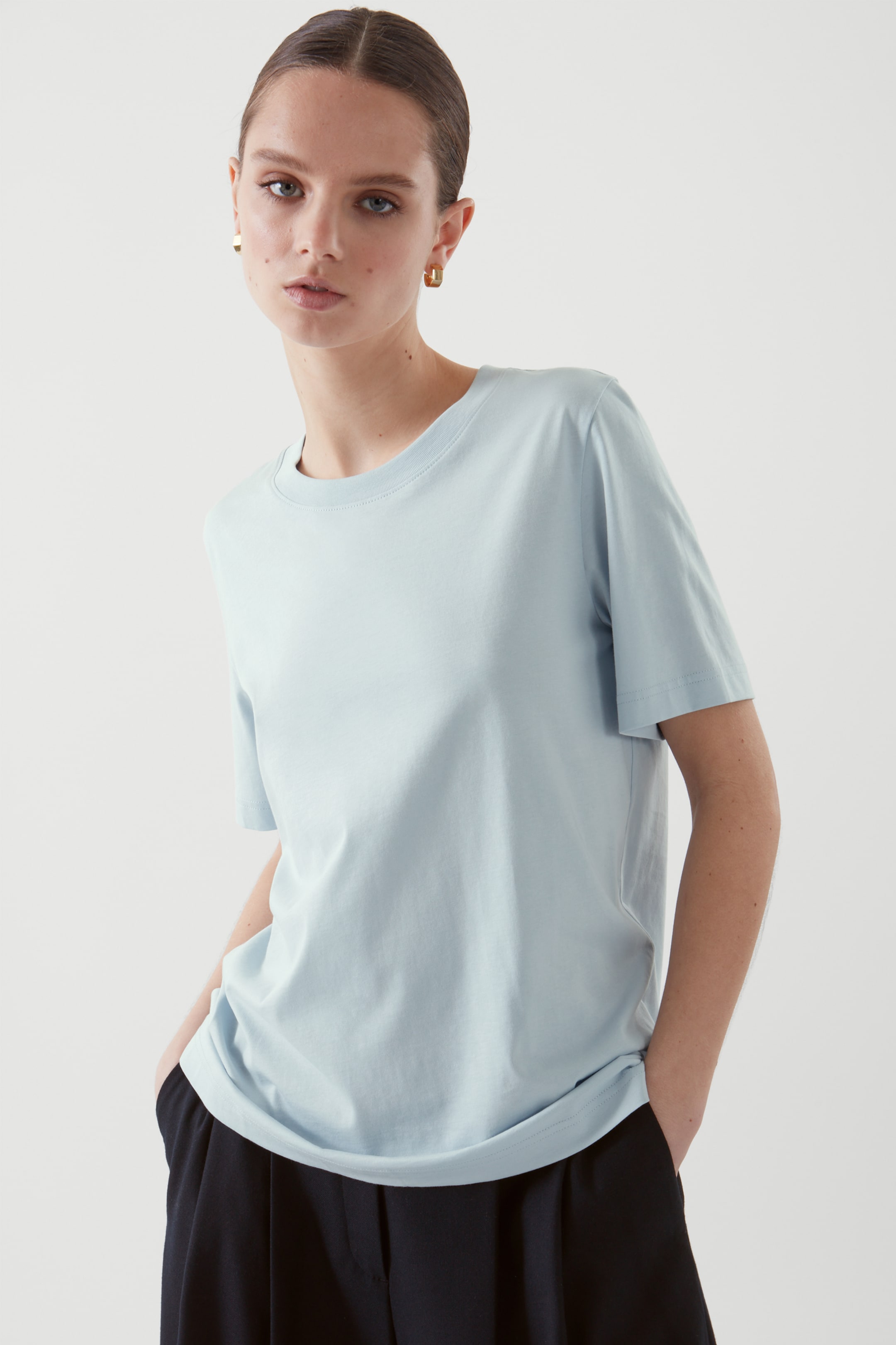 Front image of cos REGULAR FIT T-SHIRT in LIGHT BLUE