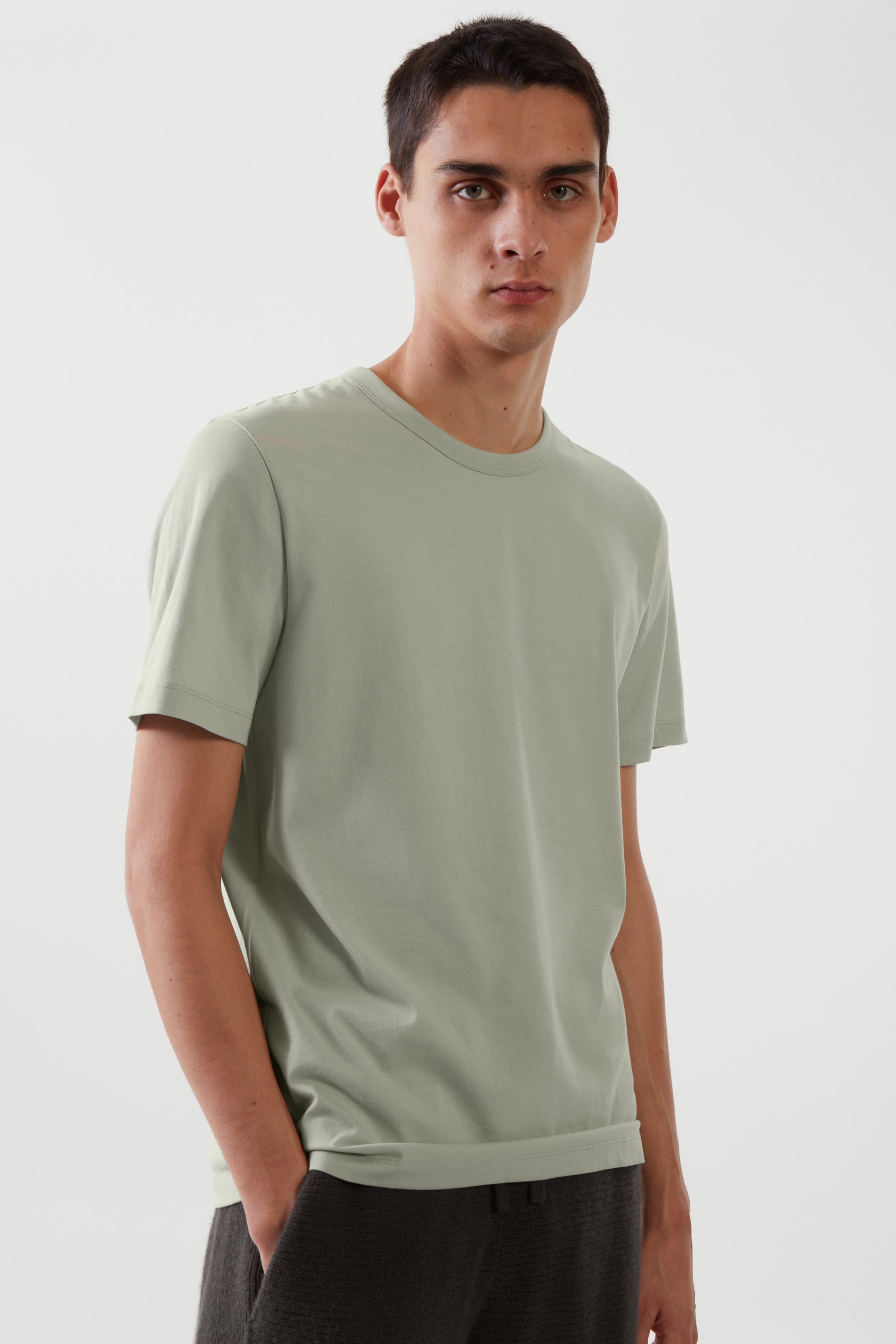Front image of cos REGULAR-FIT BRUSHED COTTON T-SHIRT in LIGHT GREEN