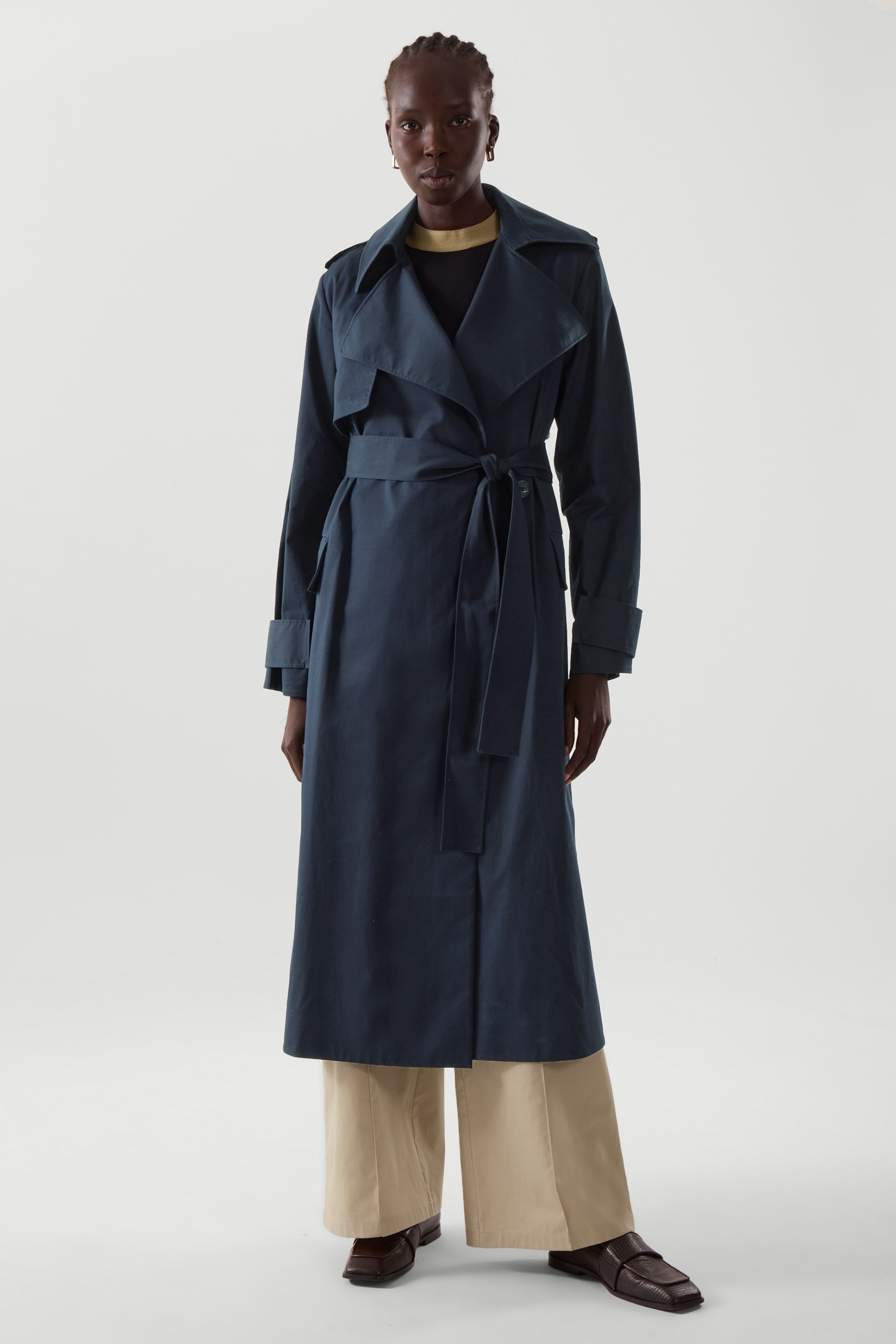 Front image of cos BELTED TRENCH COAT in NAVY