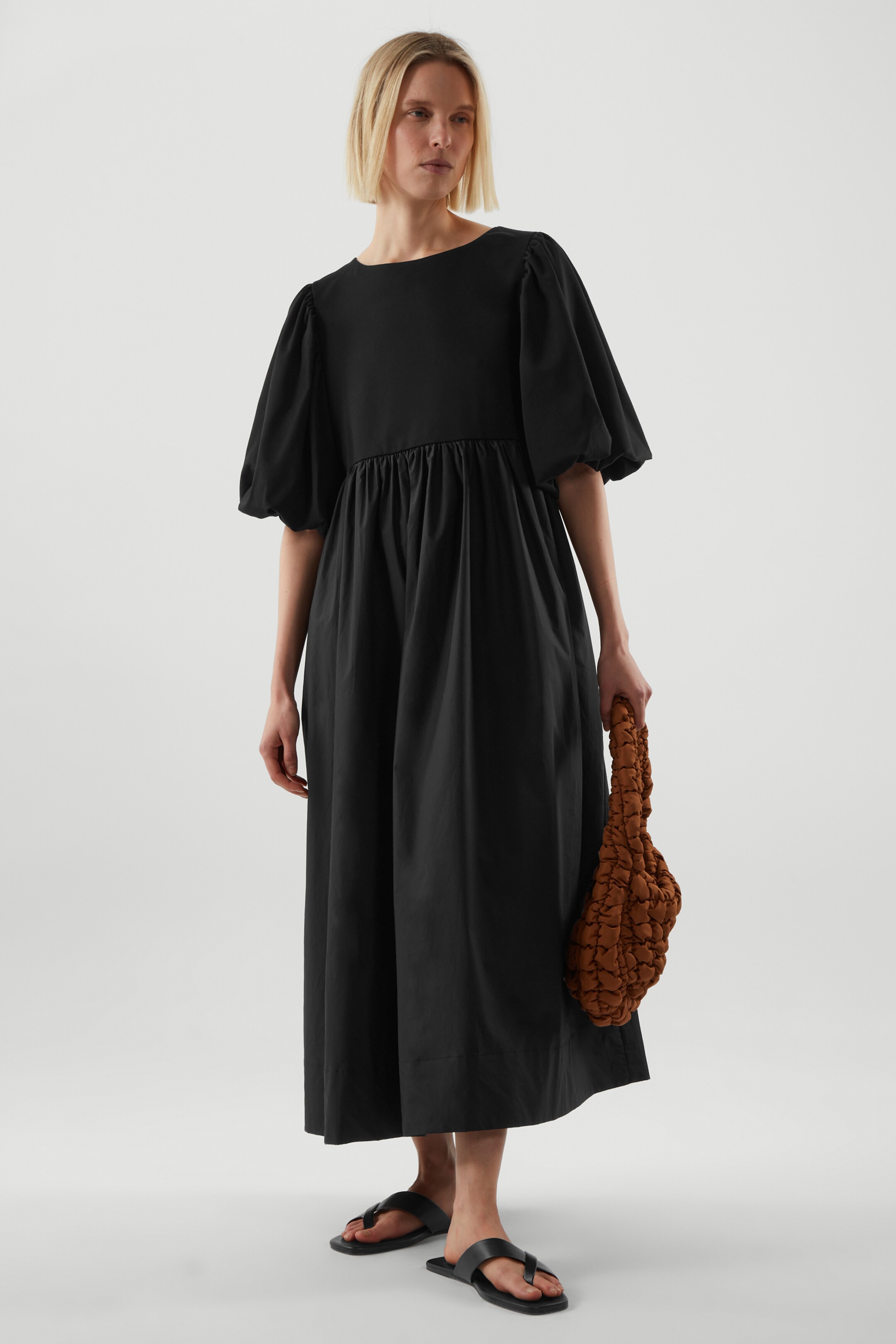 Front image of cos PUFF-SLEEVE MIDI DRESS in BLACK