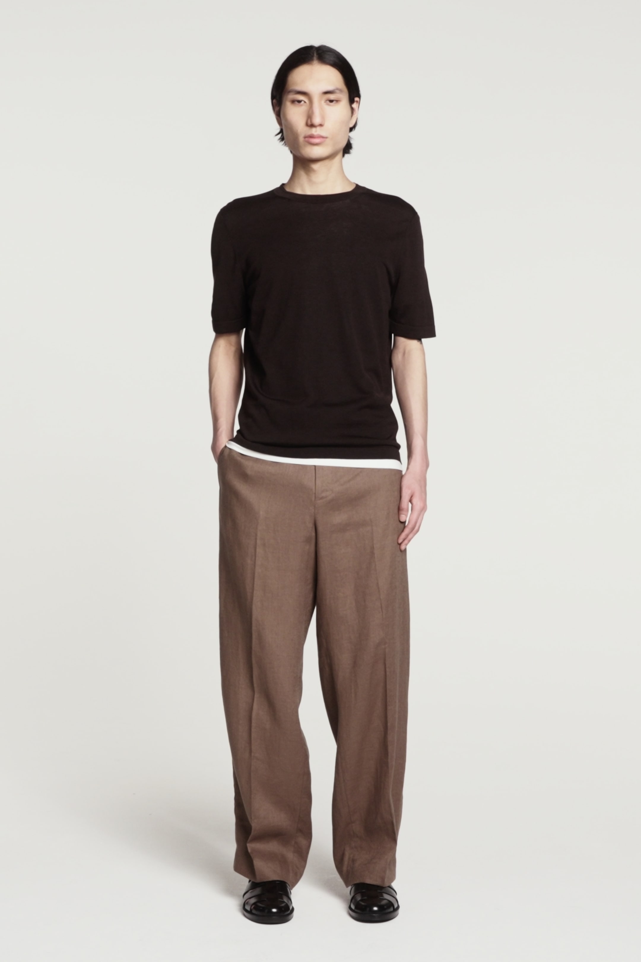 ELASTICATED LINEN STRAIGHT-LEG PANTS - BROWN - Trousers - COS