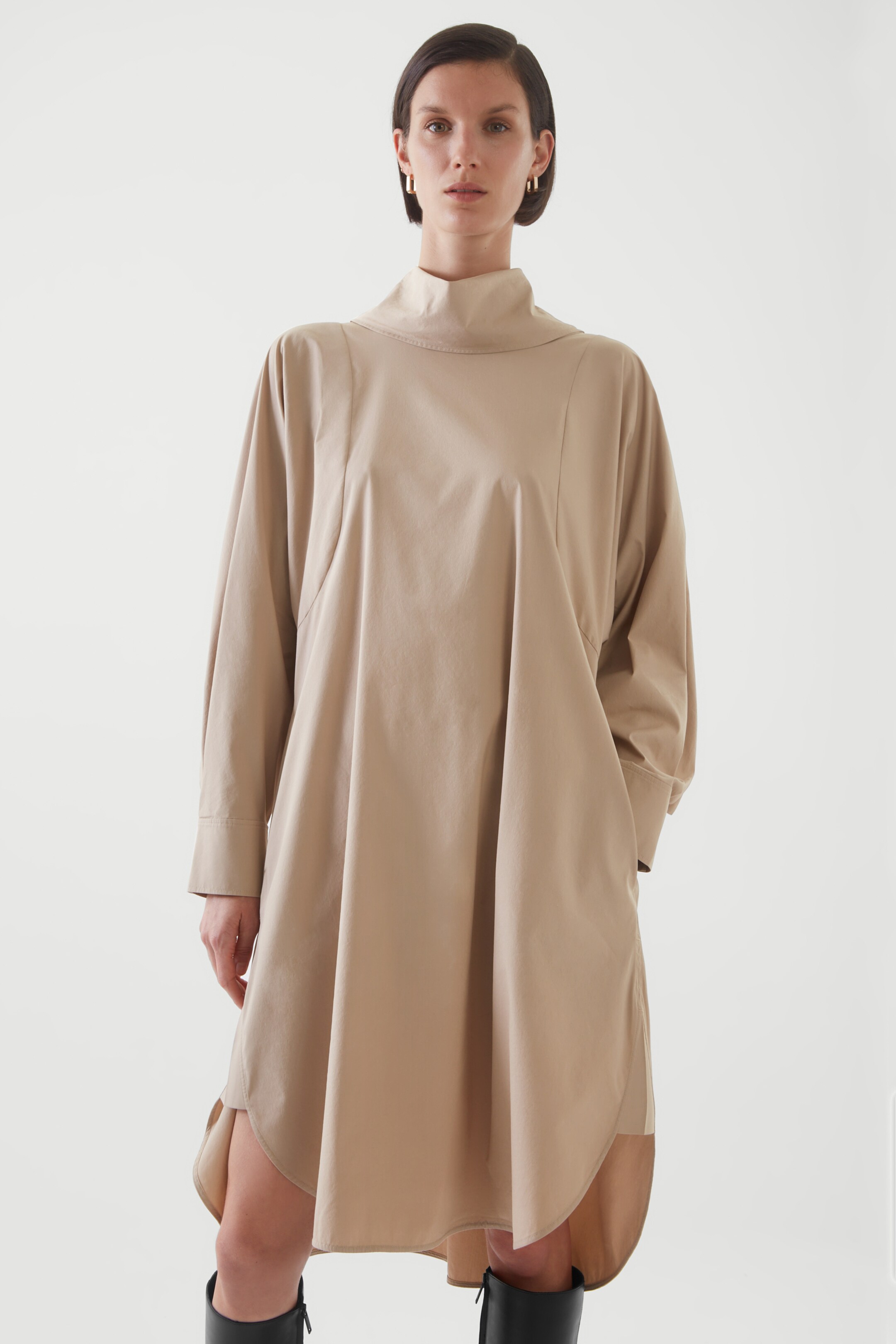 Front image of cos VOLUMINOUS STAND-COLLAR DRESS in BEIGE