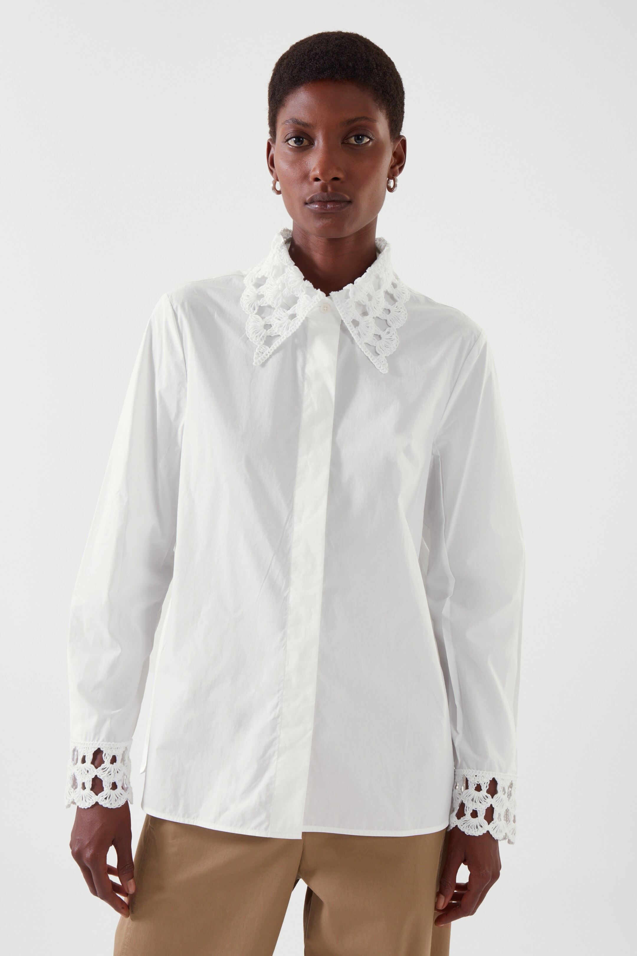 Top image of cos LACE DETAILED POPLIN SHIRT in WHITE