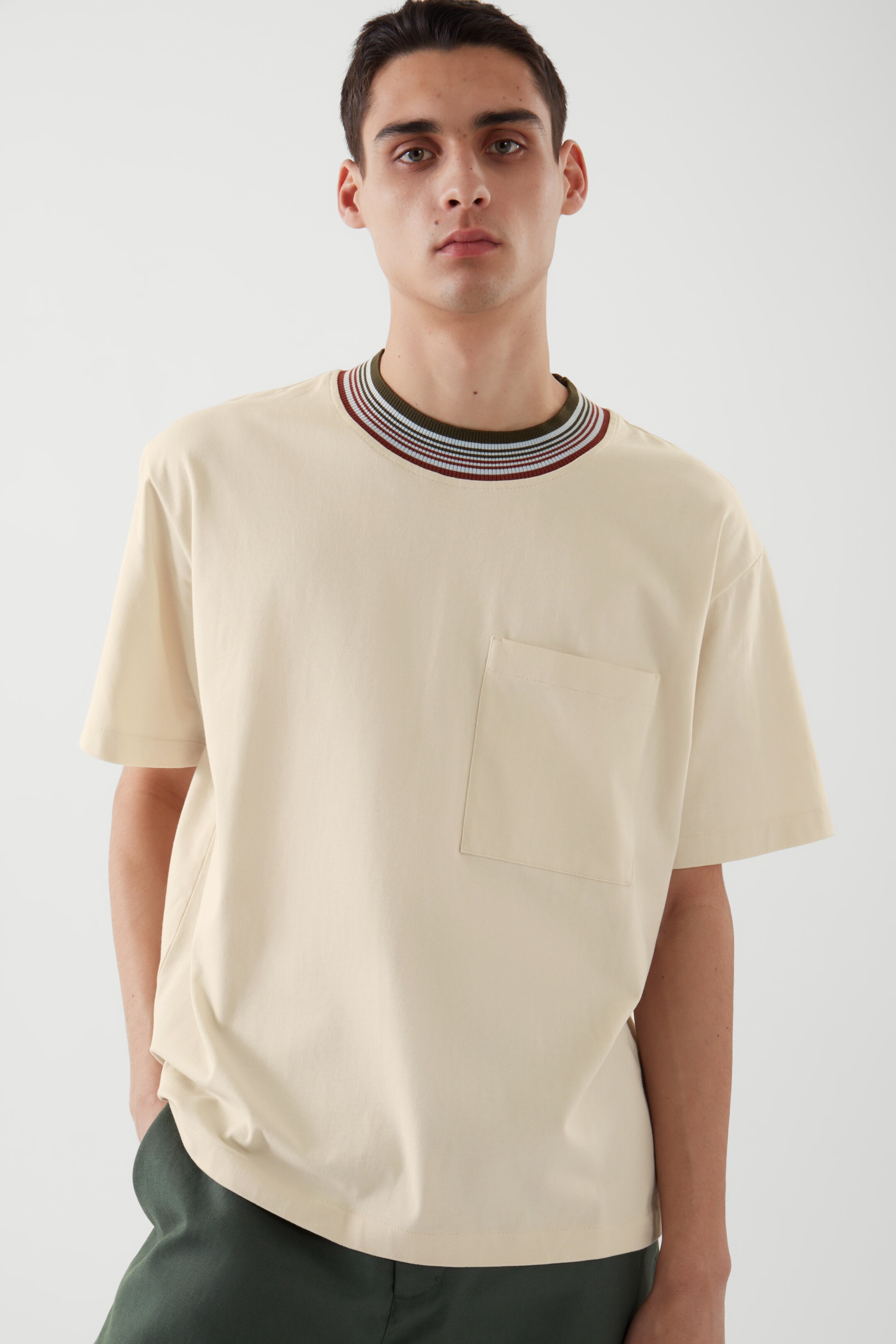 Front image of cos RELAXED-FIT STRIPED NECK T-SHIRT in CREAM