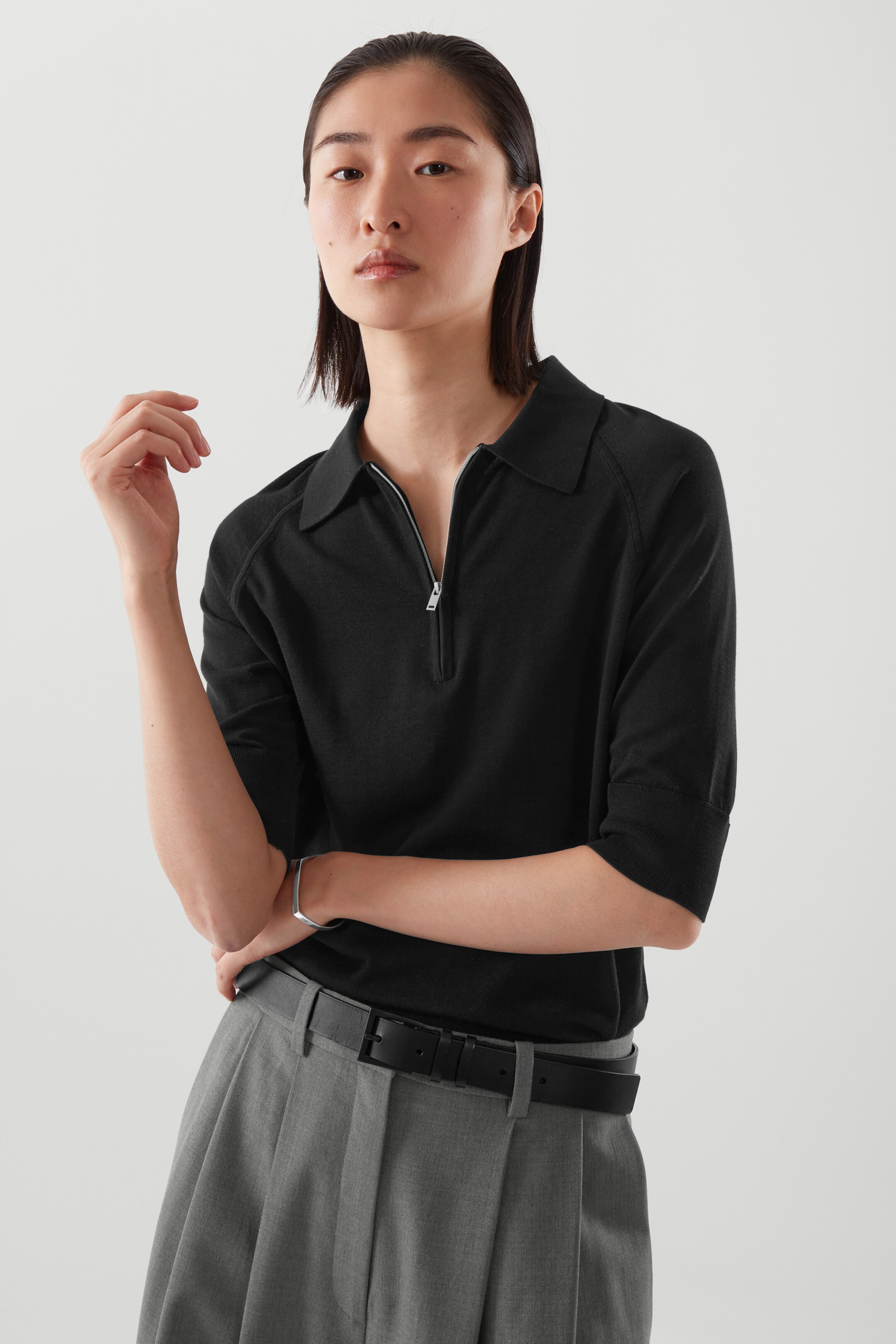 Front image of cos KNITTED SILK POLO SHIRT in BLACK