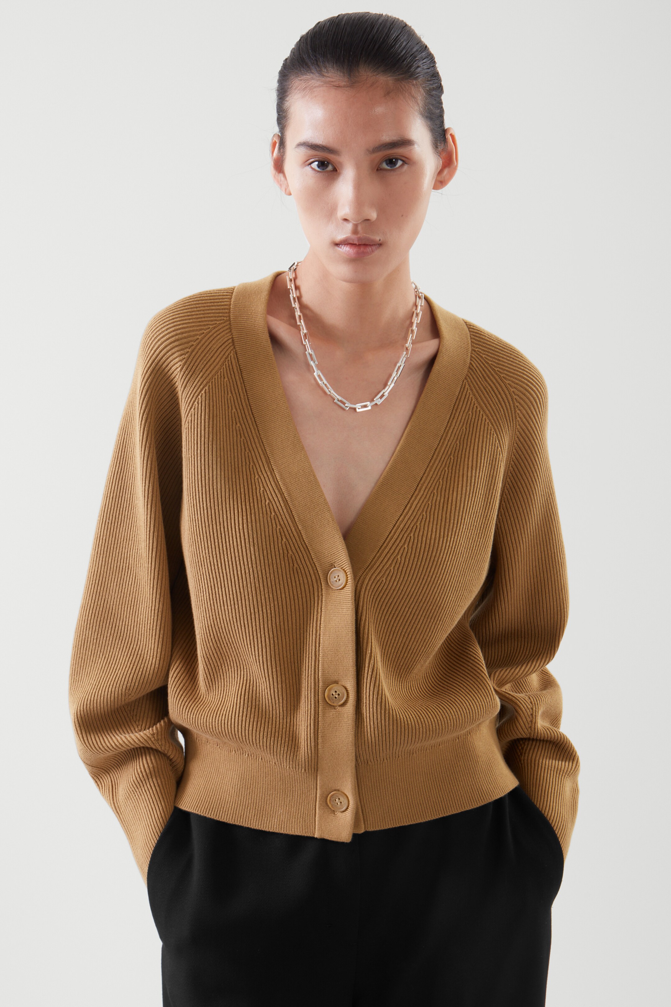 Front image of cos RIBBED KNIT CARDIGAN in LIGHT BROWN