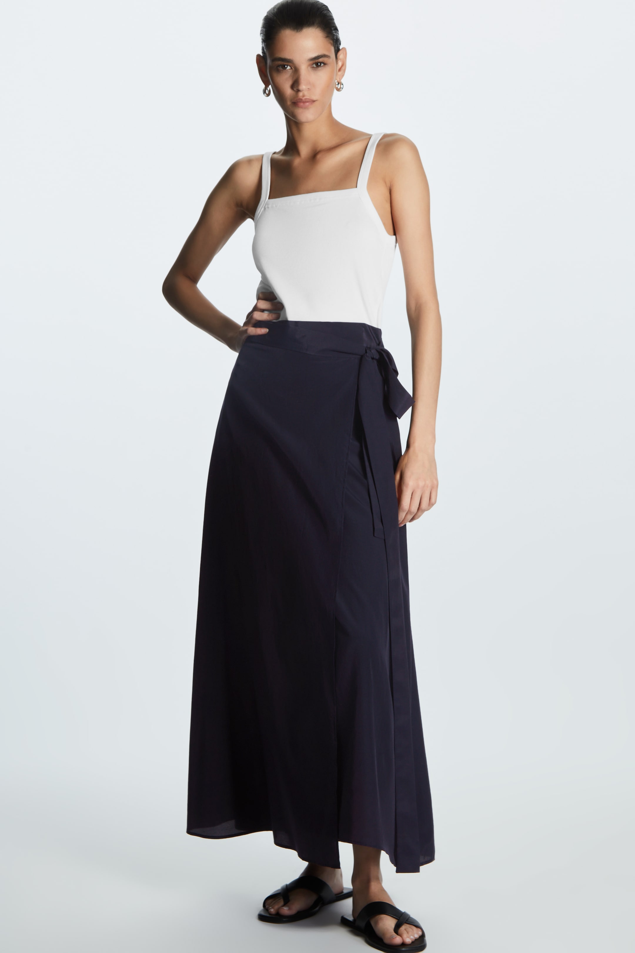 Front image of cos SILK-BLEND MAXI WRAP SKIRT in NAVY